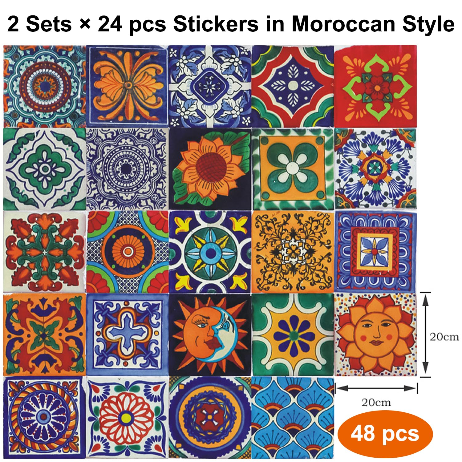 Adesivi per Piastrelle 48 Pezzi, 20×20cm, Piastrelle Adesive Impermeabile in Stile Marocchino, Adesivo da Parete in PVC per Fai da Te, Cucina, Bagno, Camera da Letto, Ufficio, Mobili