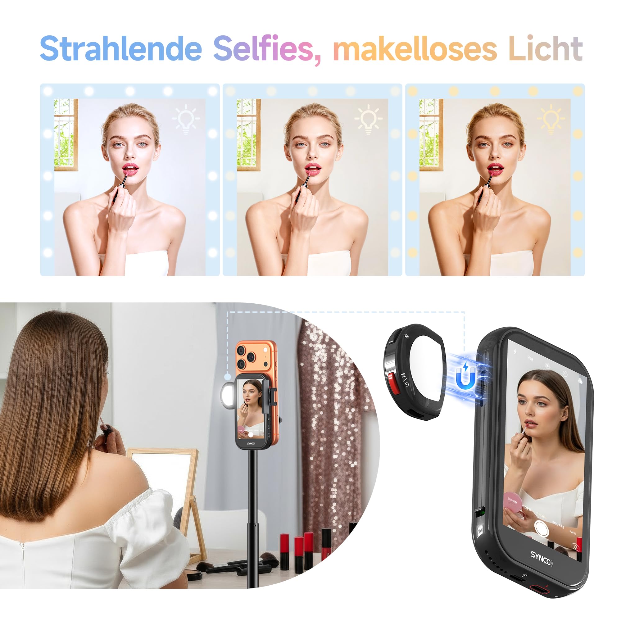 SYNCO XView M4 AI Selfie Monitor mit magnetischem Licht für iPhone und Android, Kabellose Gestensteuerung, 4K ohne Verzögerung, Selfies mit der Rückkamera, 3h Akku, für YouTube TikTok (Schwarz)
