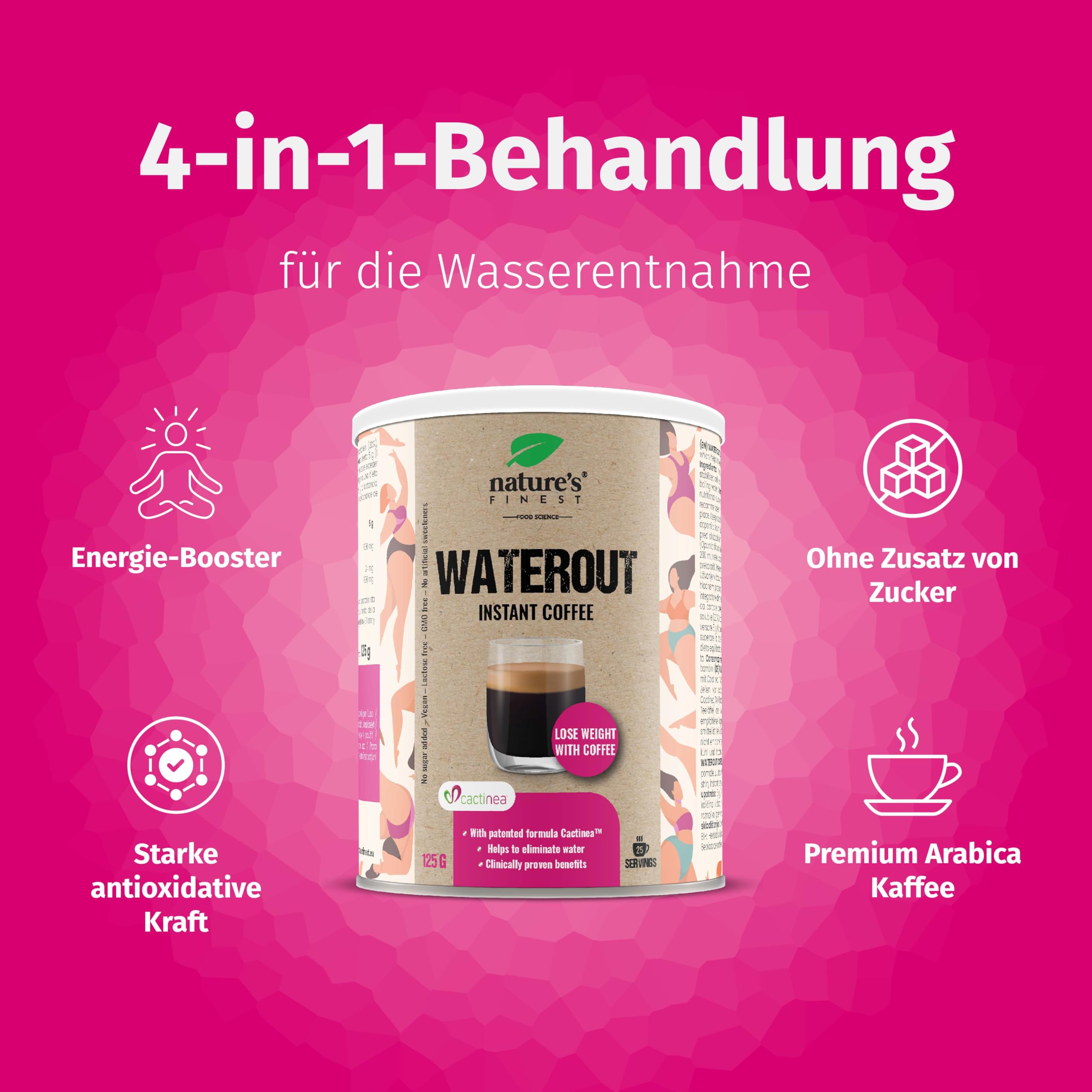 Nature's Finest WaterOut Coffee, Instant-Kaffee 375 g (3er Pack) | Instant-Kaffee (20 % Arabica) mit Cactinea Kaktusfeige - vegan, aromatisch, in Sekunden zubereitet