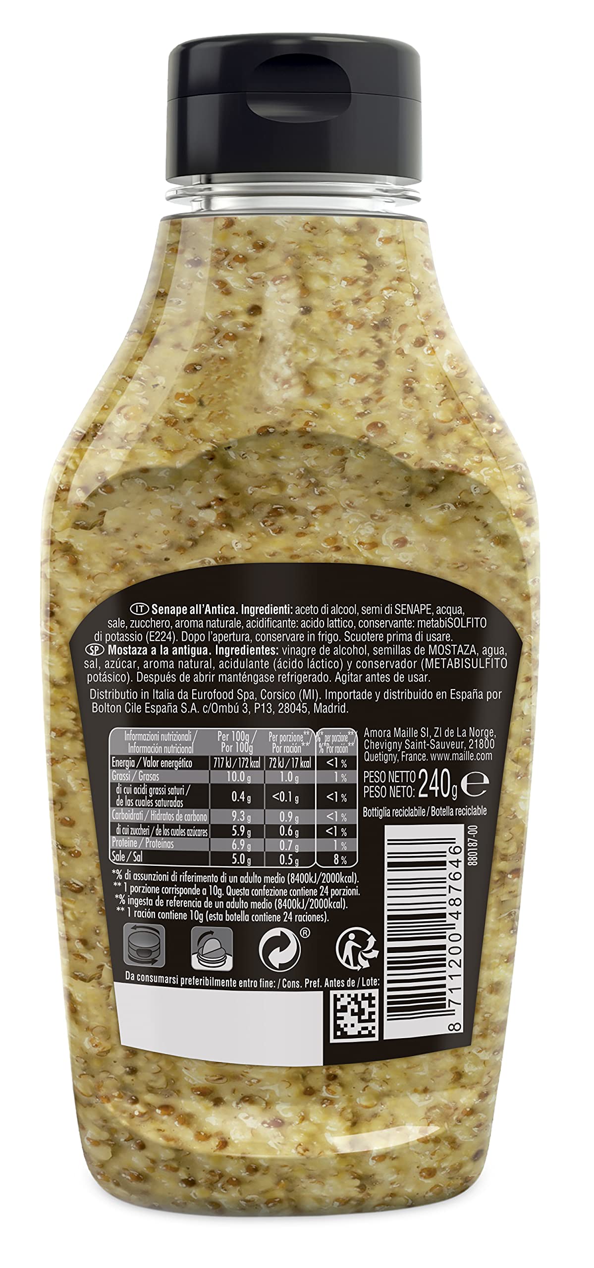 Maille Mostaza A La Antigua, Auténtica Mostaza Francesa Tradicional Granulada, Squeeze 240 ml
