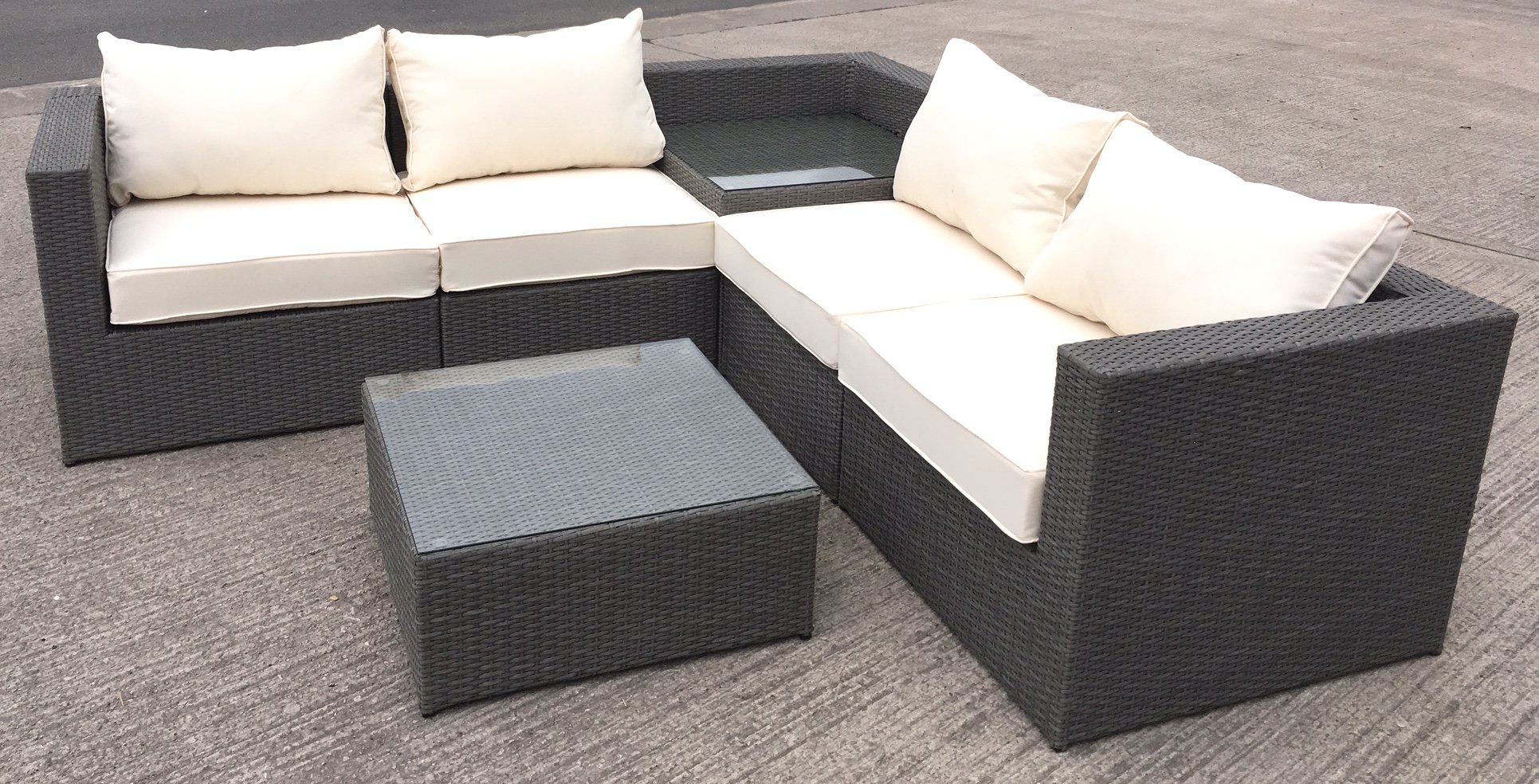 MMT Rattan Grey Garden Furniture LShaped Corner Sofa & drinks table set 4 seater coffee table