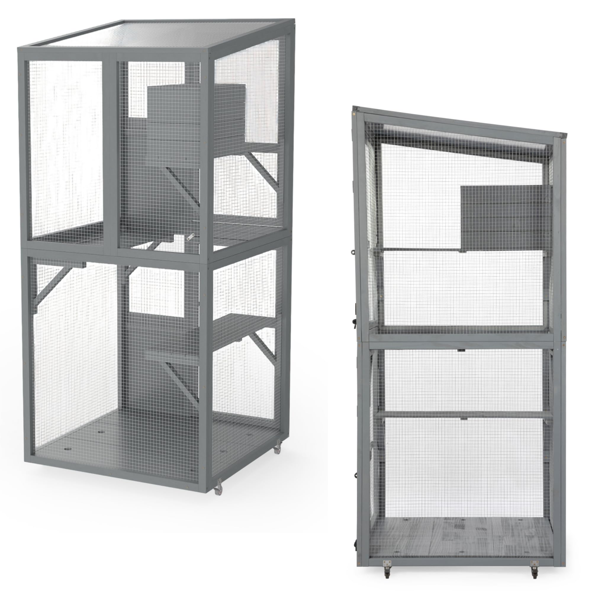 Recinto mobile per gatti, in legno, con ruote, 3 ripiani, resistente alle intemperie, per balcone e giardino, 178 x 80 x 80 cm