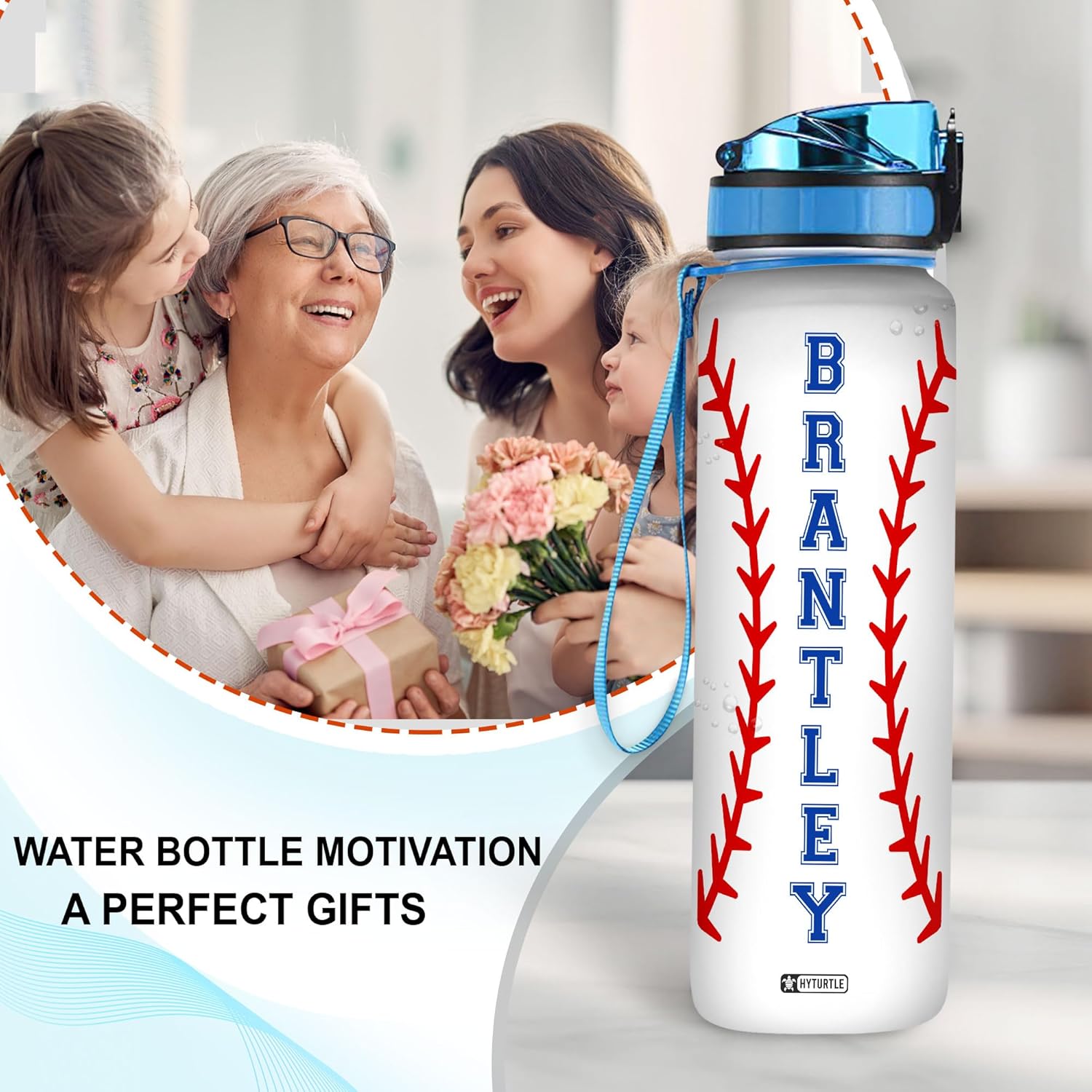 Hyturtle Personalized Baseball 32oz Liter Motivational Water Bottle, Customized Name Tracking Water Bottle Gifts For Dad, Son, Baseball Lovers, Sport Lovers On Birthday, Mother's Day