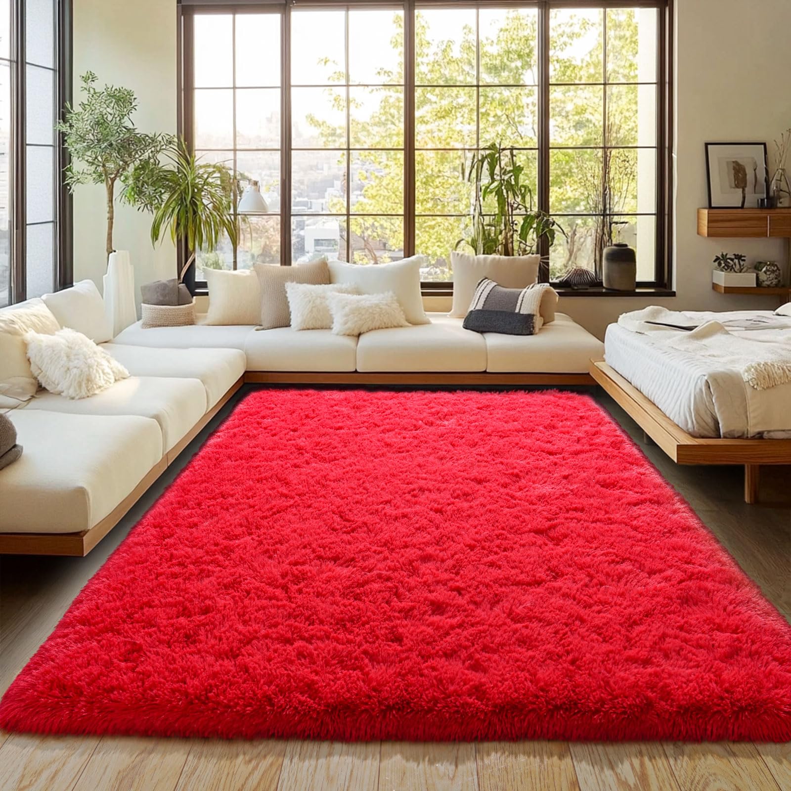 Red Fluffy Rug Plush Carpet for Bedroom Dorm, Non-Slip High Pile Rug, Shag Rug for Playroom Nursery Home Office Decor 6X9 Ft