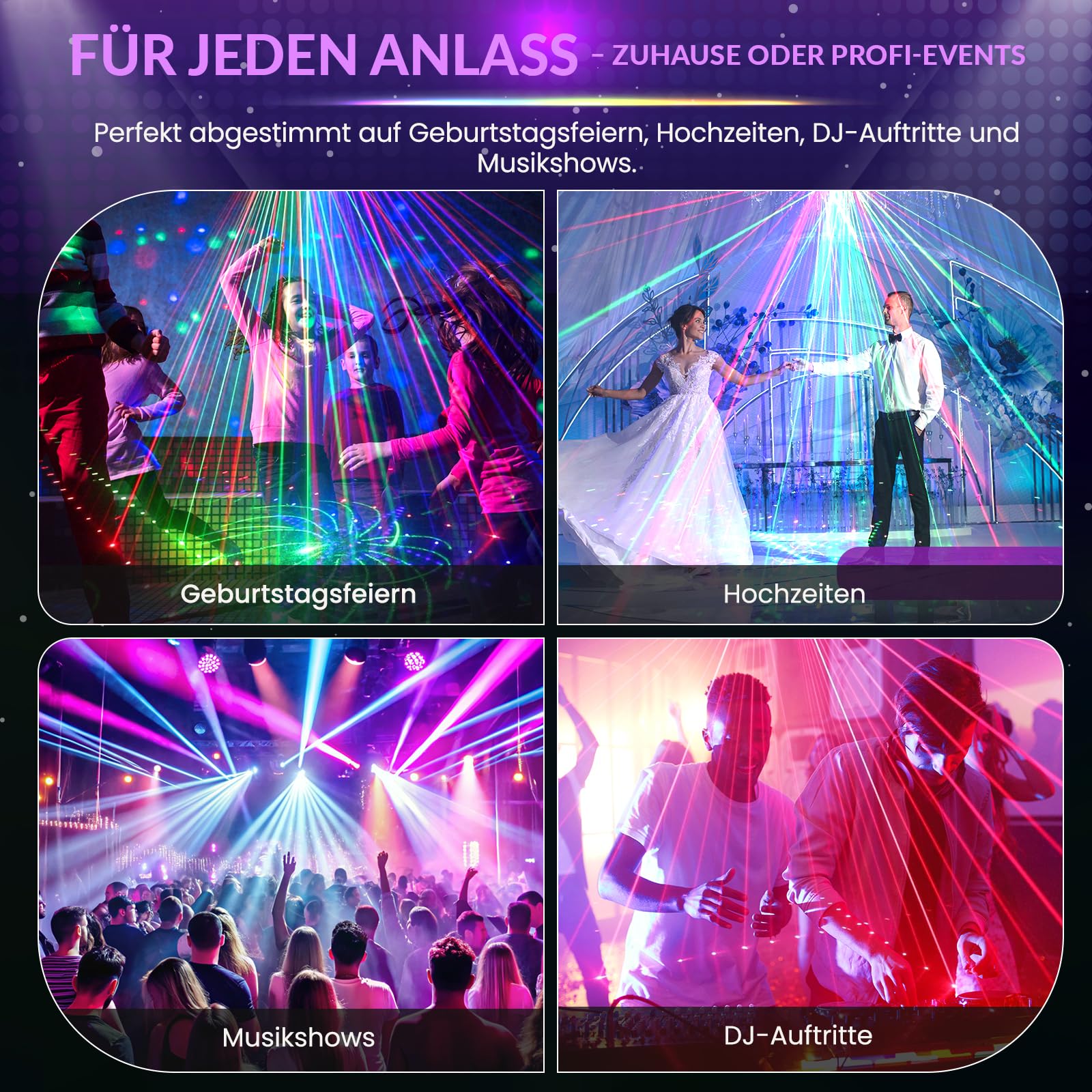 Discolicht Partylicht LED mit RGB & UV, DMX & Fernbedienung, 3-fach Motor Speed, 4 Strobe Modi, Party Laser Projektor für DJ, Discokugel Beleuchtung & Party Dekoration