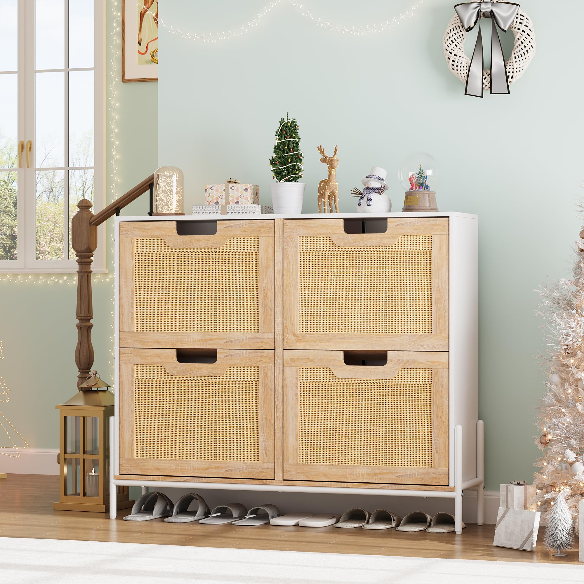 GarveeHome Natural 4 Flip Door Entrance Shoe Cabinet Freestanding, Rattan Storage Cabinet with 3-Tier Adjustable Shelves for Entryway, Entrance Hallway,Entry Way Cabinet with Storage, White