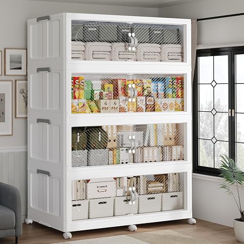 QAVABIN 960QT Stackable Storage Bins 4-Pack, 240 Gallon Collapsible Cabinet with Wheels & Clear Magnetic Doors, White