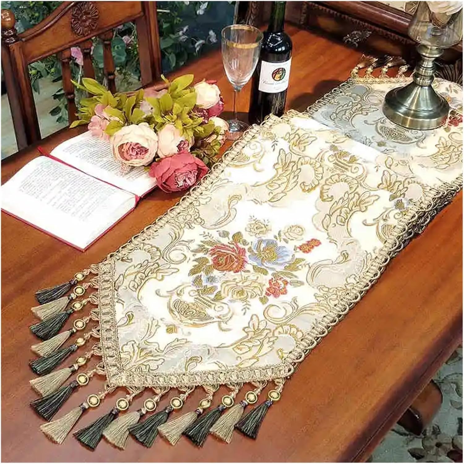 Vintage Table Runner Chenille Jacquard Table Runner Classic Tassel Dining Home Decor Retro Embroidery Long Strip Cover(Beige,35x160cm)