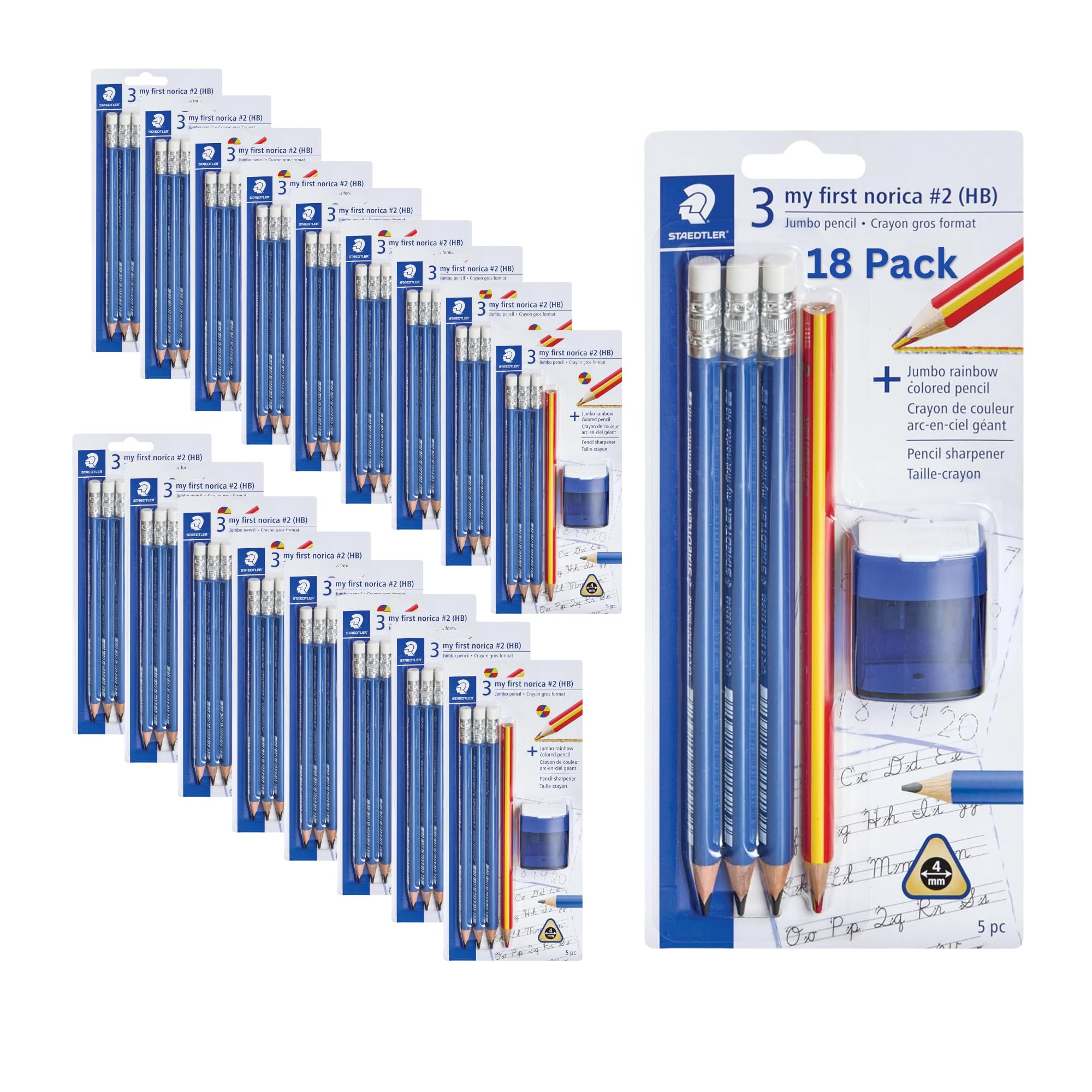 STAEDTLER My First Norica Jumbo-Bleistifte-Set, dreieckig, 18 Stück mit 3 vorgespitzten Jumbo-Bleistiften Nr. 2, Jumbo-Regenbogen-Buntstift und Doppelloch-Bleistiftspitzer pro Set, insgesamt 90 Stück