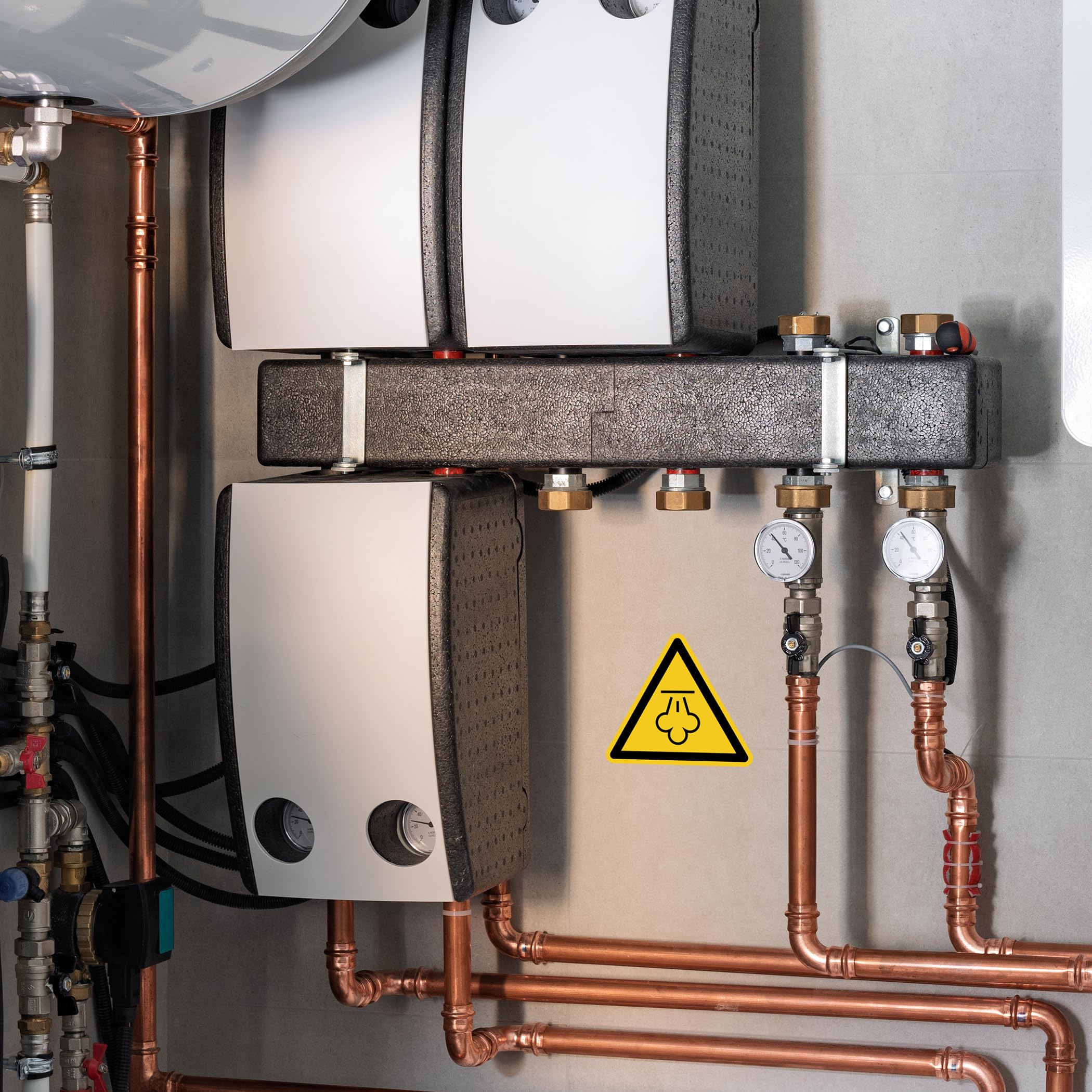 Señal de advertencia de vapor caliente según DIN EN ISO 7010 ASR A1.3 W080 símbolo de advertencia – Adhesivo de advertencia para superficies calientes, línea de vapor, industrial, maquinaria