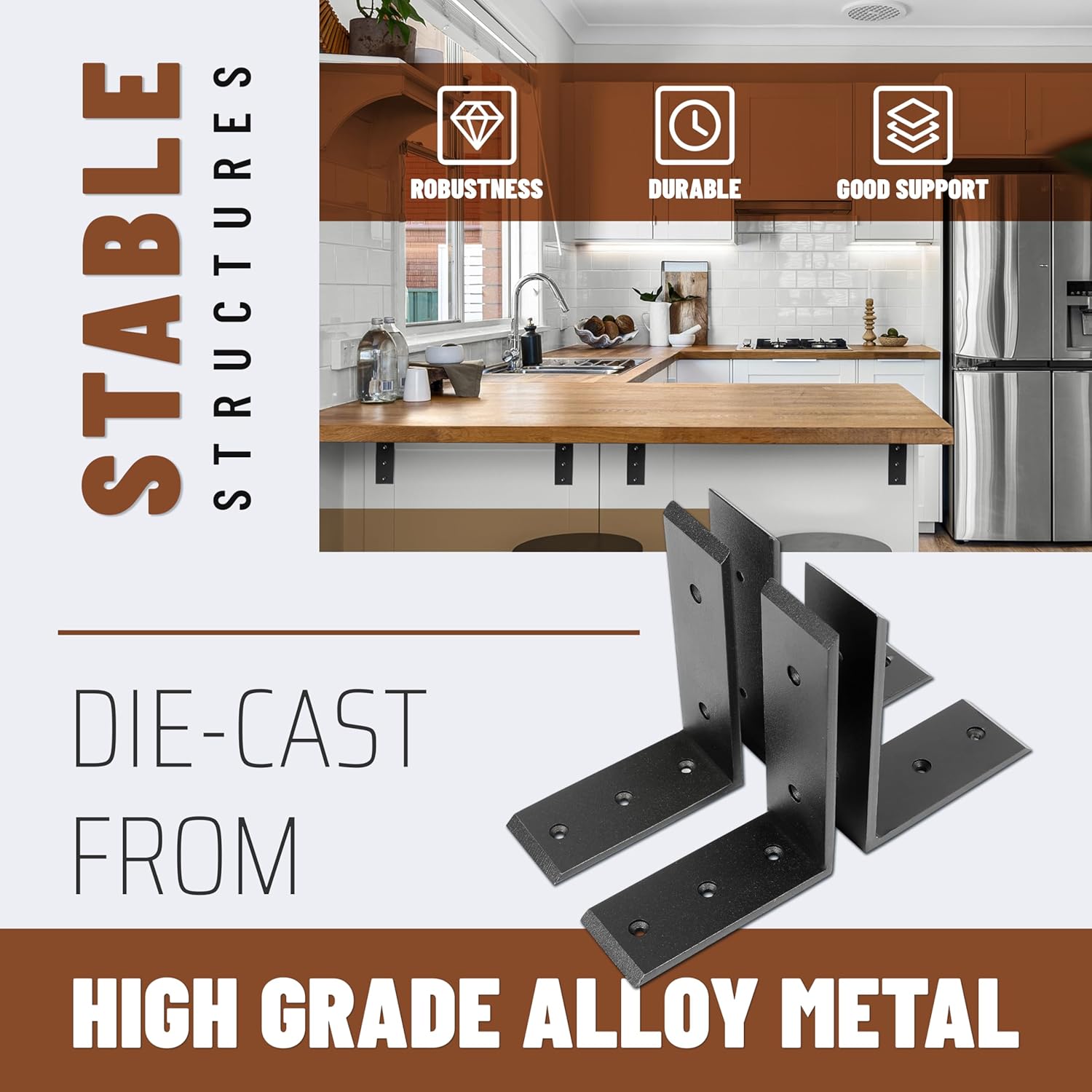 ECOTRIC 4Pcs Heavy Duty Countertop Support Brackets 8 x 6 x 2.5 inches 1/2" Thick Corbel Lot Wall Mounted L Shelf Bracket for Table Bench, Bar Tops, Cabinetry, Shelves and DIY 500 LBS Black Steel