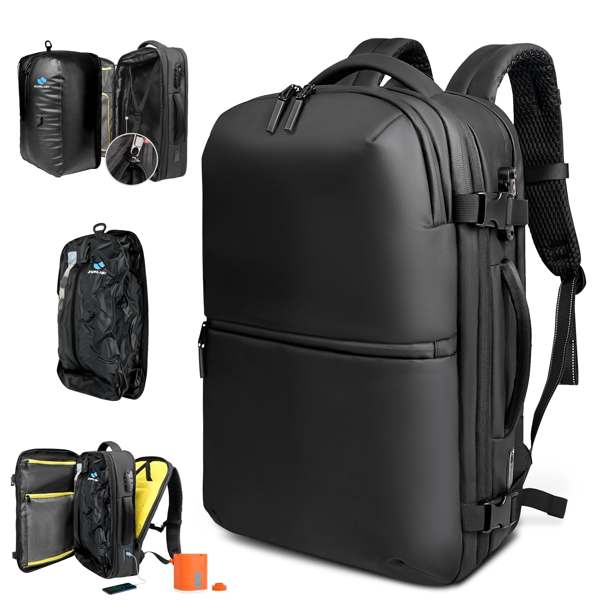 Zurligi Vakuum-Reiserucksack mit Vakuumbeutel, Mini-Pumpe, 30–60L, TSA-Lock | Erweiterbarer, wasserabweisender Carry-on-Rucksack mit herausnehmbarem Vakuumbeutel, Diebstahlschutz, für Damen und Herren