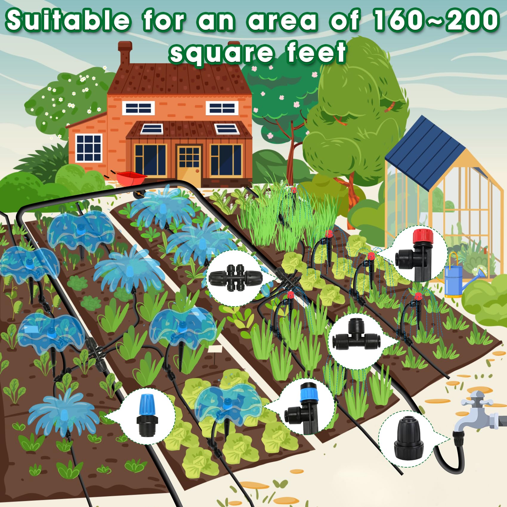 Kit di irrigazione a goccia, sistema di irrigazione a goccia regolabile per serre da 50 m, con tubi di irrigazione da 1/2" e 1/4", sistema di irrigazione per piante da giardino e prato