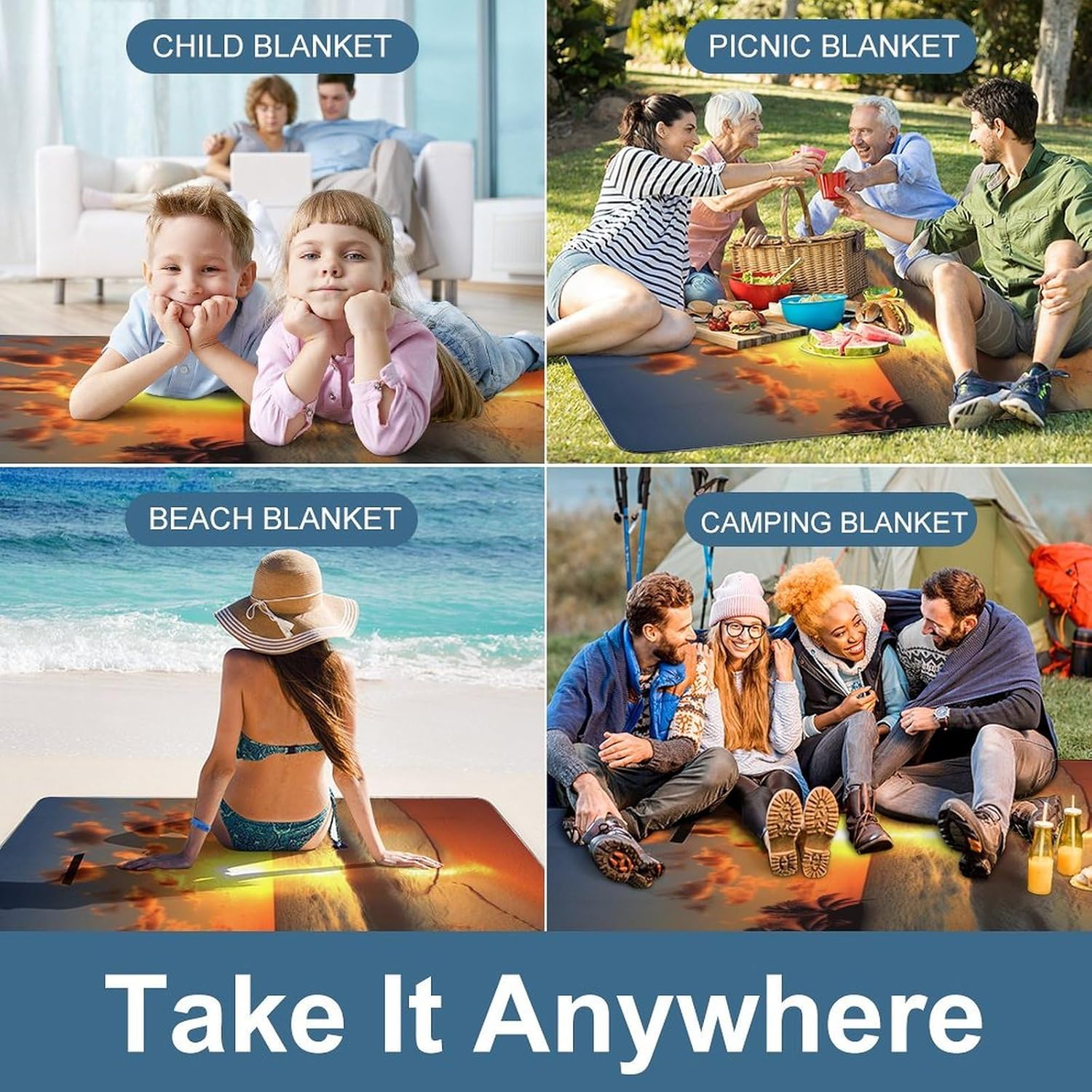 Beach Sunrise Waterproof Picnic Blanket 58.3''x58.3'',Portable and Foldable Picnic Mat with Handle,Outdoor Blankets for Lawn Park Beach Travel