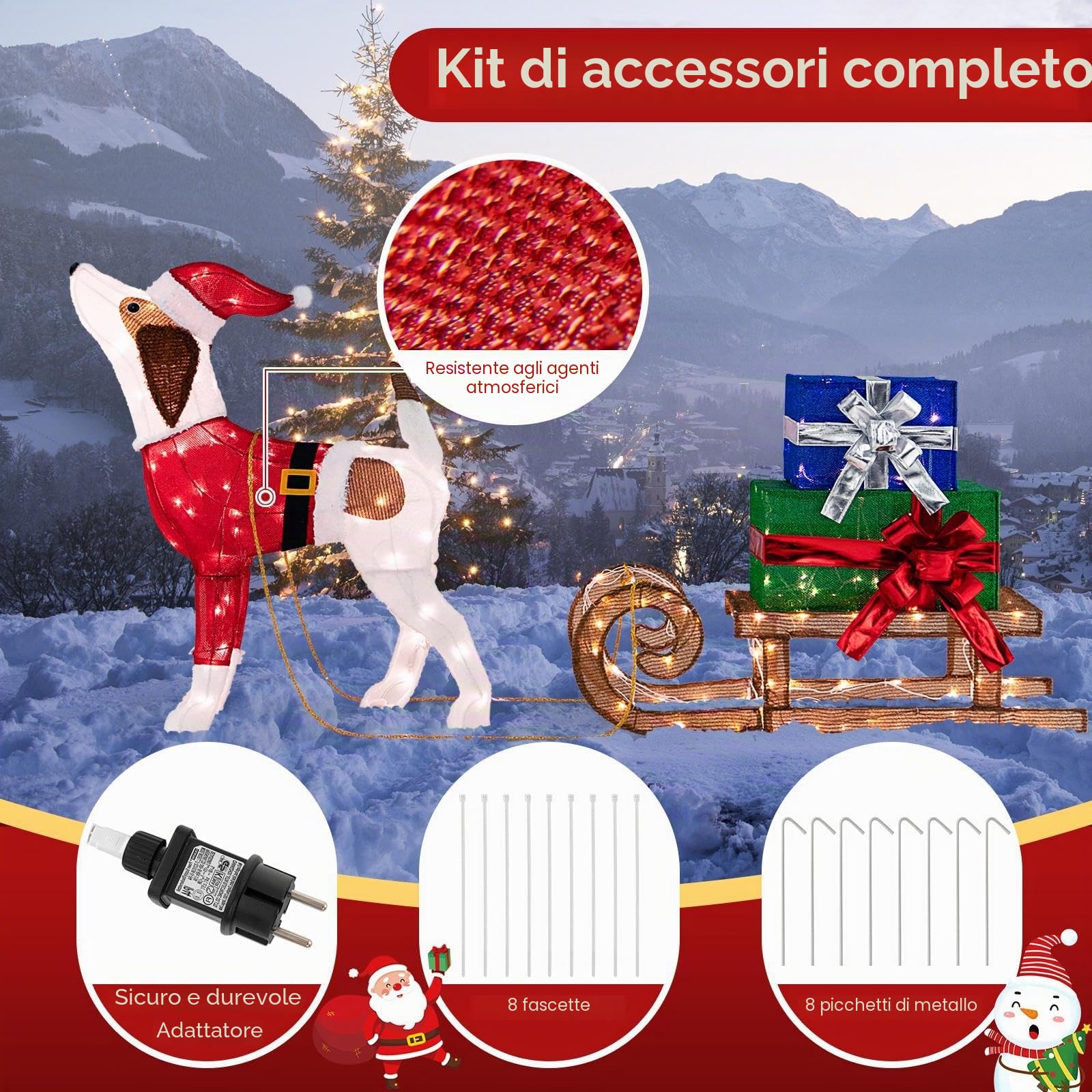 SOARS Decorazione Natalizio cane con slitta, statuetta con cappelli di Babbo Natale e costumi, illuminazione con 170 luci LED calde
