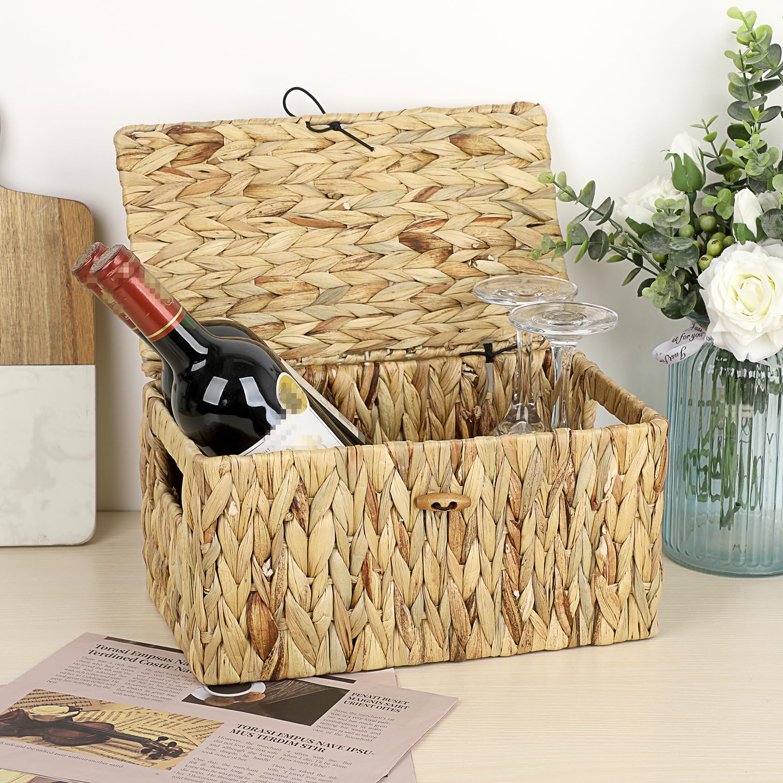 OGANAZI Cajas de mimbre de jacinto de agua natural, cestas de almacenamiento de mimbre tejido con tapas, cestas de almacenamiento para baño, dormitorio, cocina, oficina, 31 x 18 x 16 cm (mediana)