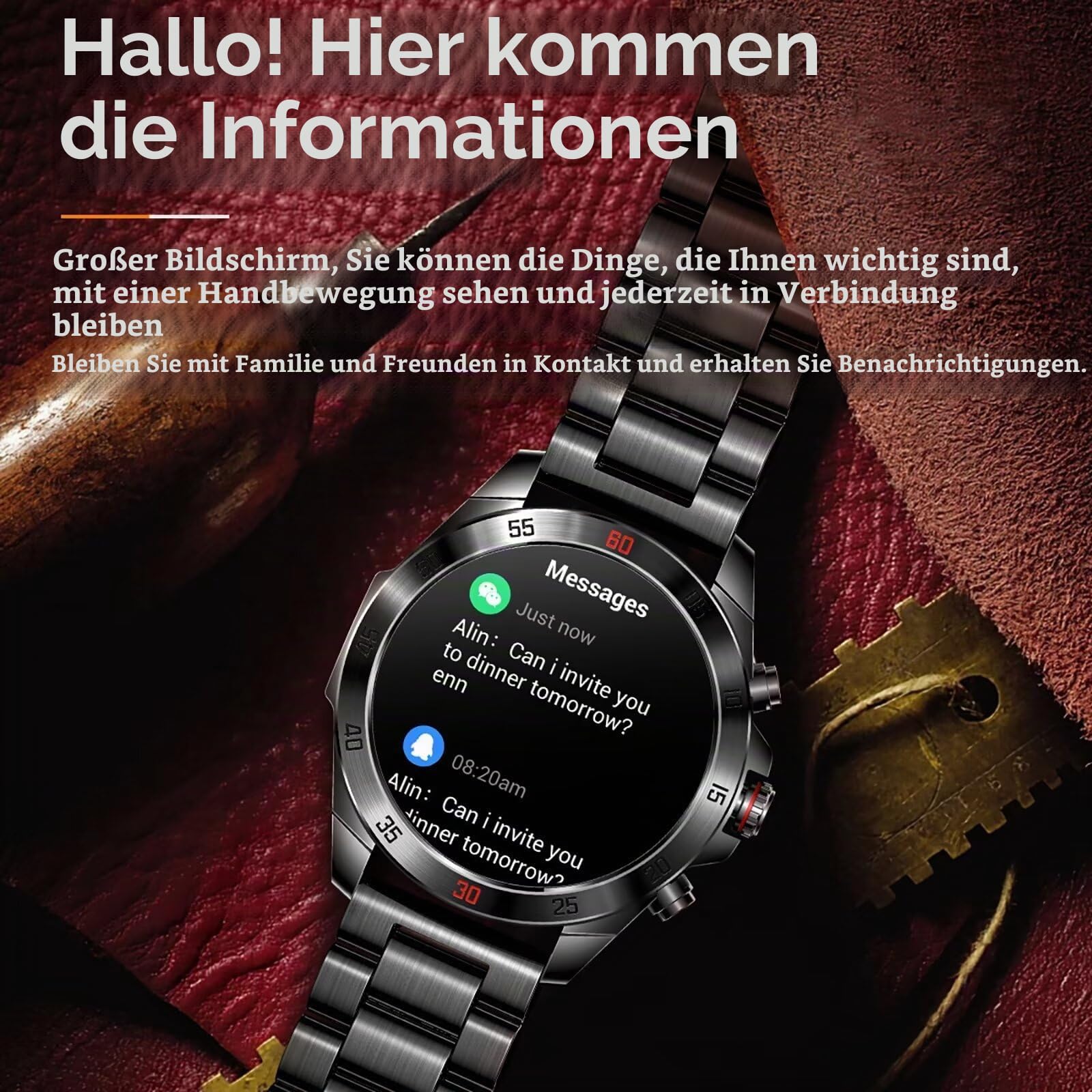 Smartwatch Herren Metallarmband Gold Silber Schwarz Robust Edelstahl Gesundheitsuhr Blutdruckmessung Telefonfunktion Pulsuhr für Android IOS Whatsapp Funktion Fitnessuhr pulsmesser Schrittzähler