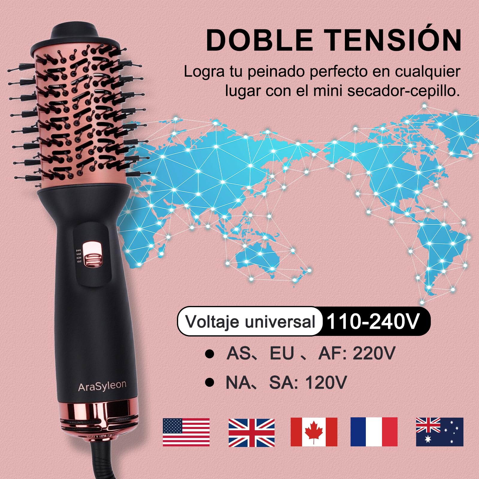 Cepillo Secador de Aire Caliente Viaje, 3 Temperaturas Alisar/Rizar, 275g, Doble Voltaje 110-240V 700W, Incluye Bolsa Almacenamiento y Guantes Anticalor