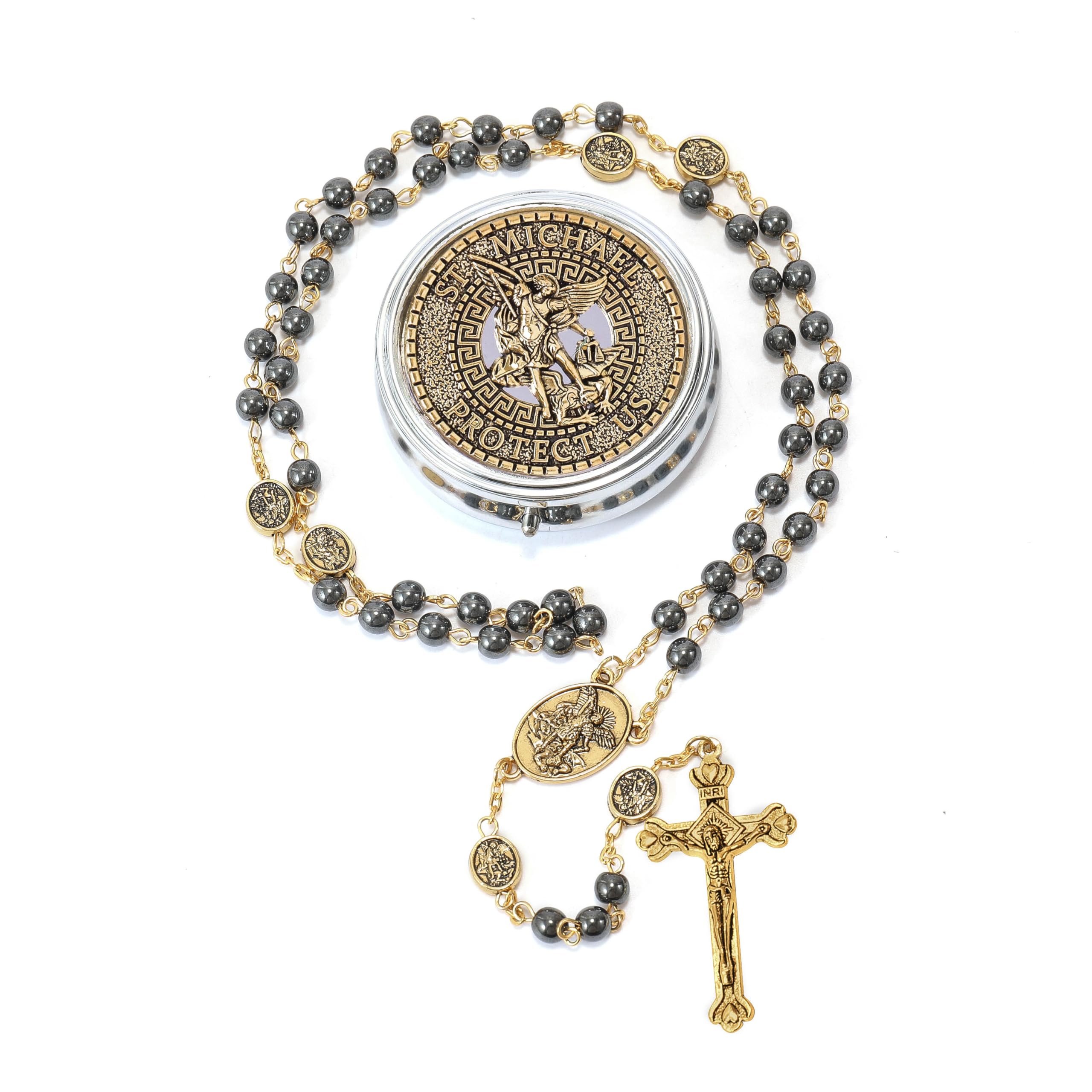 Nazareth Store Rosario de San Miguel, collar de cuentas de piedra de hematita, cuentas de gloria, medalla de arcángel y crucifijo para hombres y mujeres en caja de metal