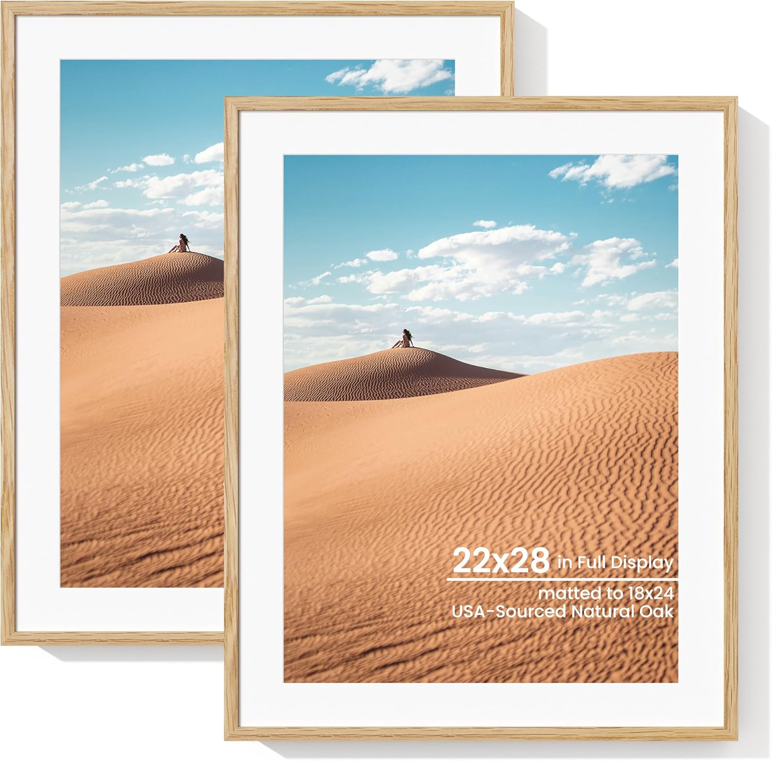 Natural Oak Wood Picture Frame 22x28, Wooden Poster Frame with Mat for 18x24, 22 x 28 Matted Picture Frames with Tempered Real Glass for Wall Art Photo and Prints, Oak Color, Set of 2