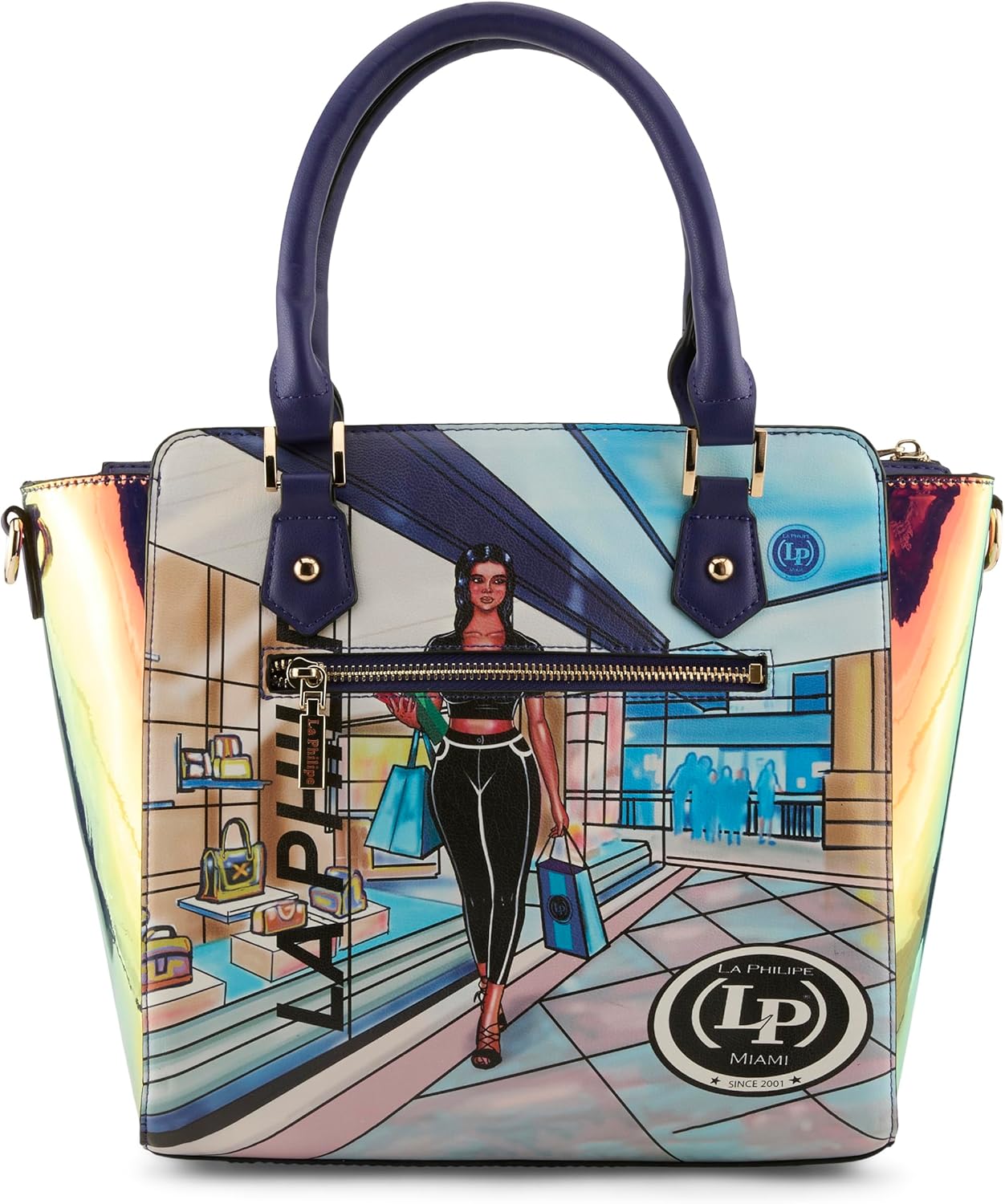 La Philipe LP1022-9 Shopping In The Mall Women’s PU Leather Satchel Handbag – Artistic Mall Scene Design, Spacious Structured Satchel Purse, Stylish Everyday Shoulder Bag