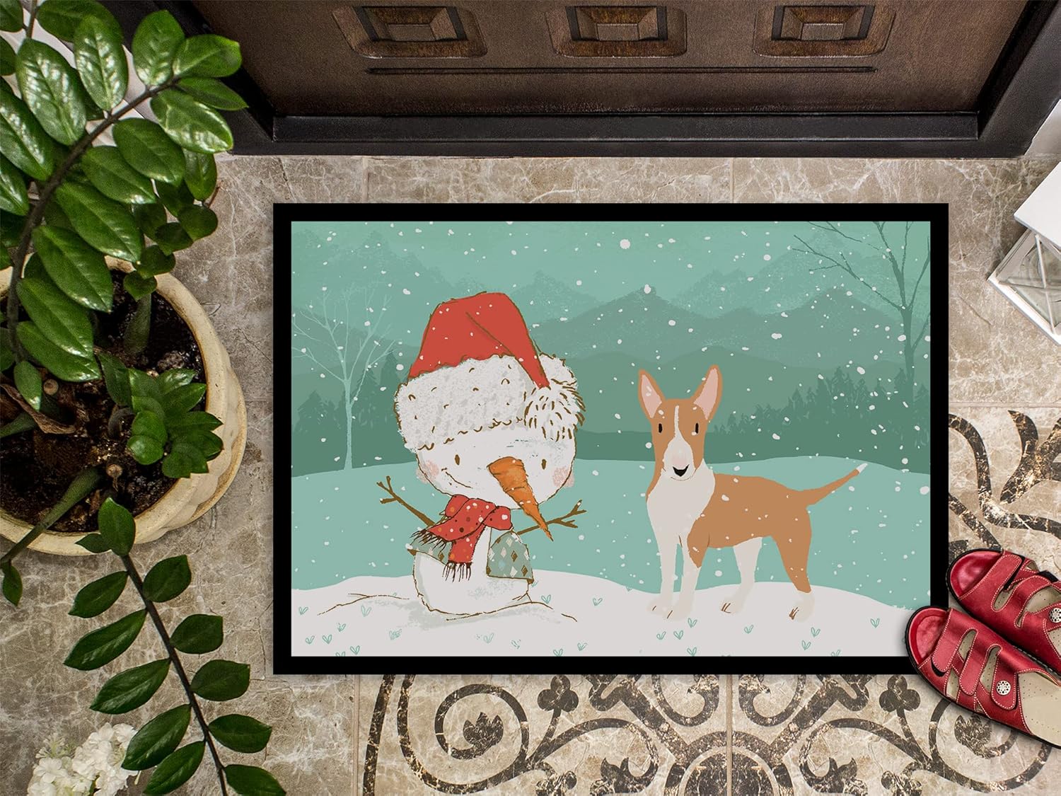 Caroline's Treasures CK2056JMAT Fawn Bull Terrier Snowman Christmas Doormat 24x36 Front Door Mat Indoor Outdoor Rugs for Entryway, Non Slip Washable Low Pile, 24H X 36W