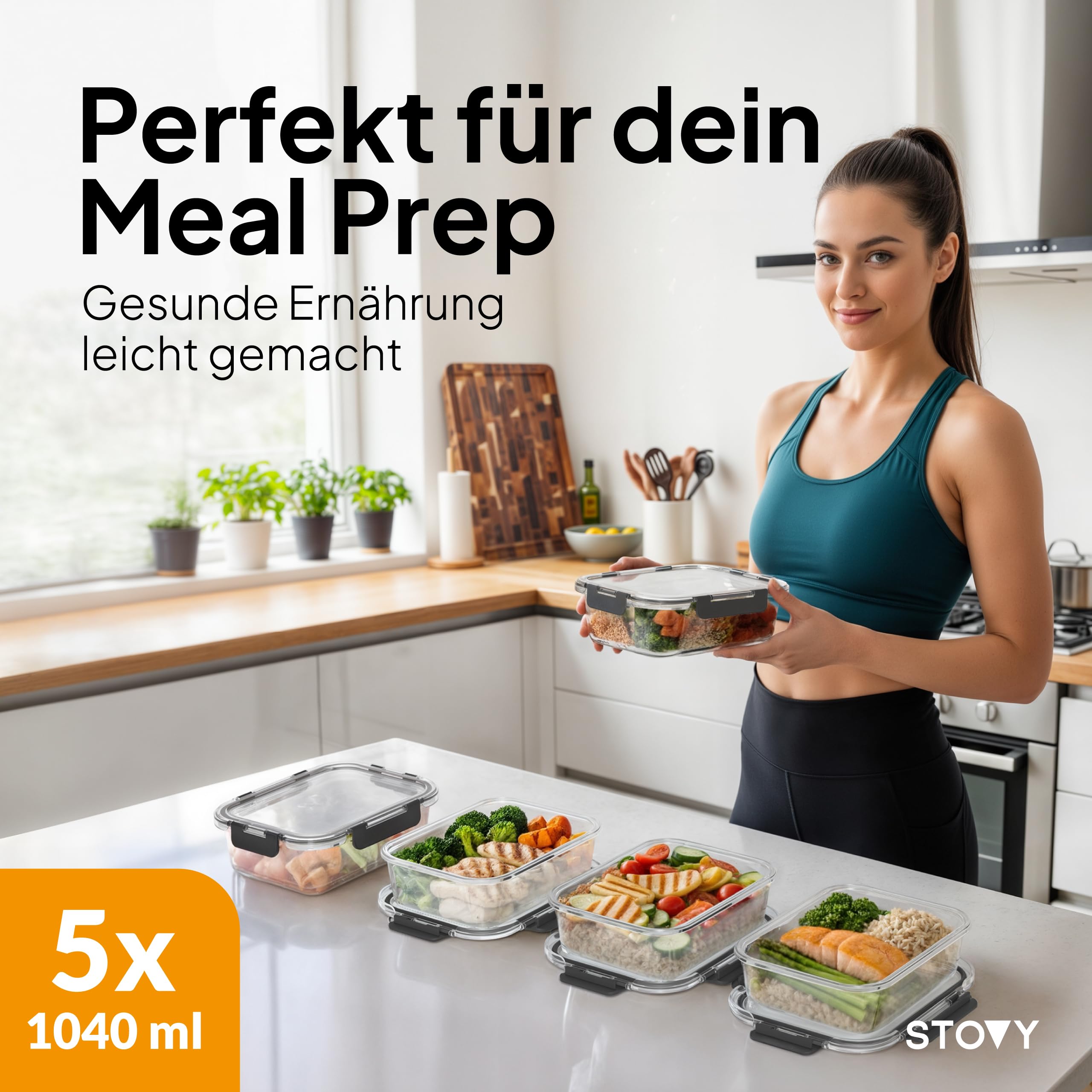 STOVY® Meal Prep - Contenitori in vetro con coperchio, 5 x 1040 ml | Ideali per pasti completi, contenitori salvafreschezza adatti per lavastoviglie, microonde e congelatore