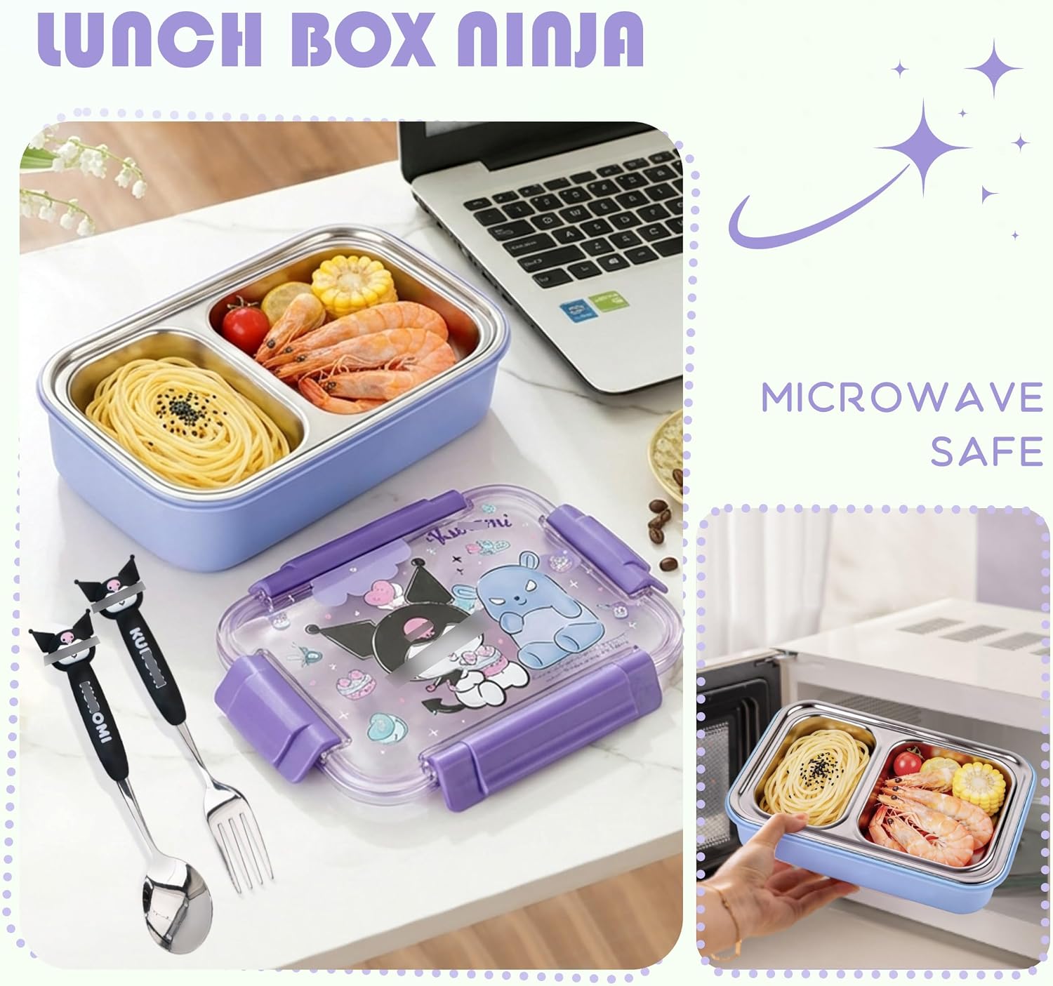 Roffatide Anime Black Bunny Printed All-in-One Bento Boxes with Spoon Kawaii 4-Point Lock Type Lunch Box Containers for Food Fruit Snack Purple