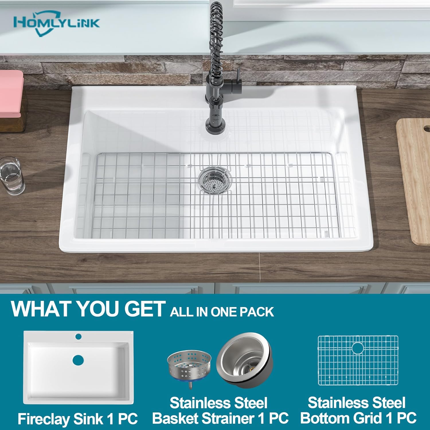 33x22 Drop In Kitchen Sink White 1 Hole, 33 Inch Topmount Fireclay Sink Drop In Single Bowl, Heavy Duty Large Capacity Deep Basin, w 2 Custom Accessories, Pure White, for Kitchen
