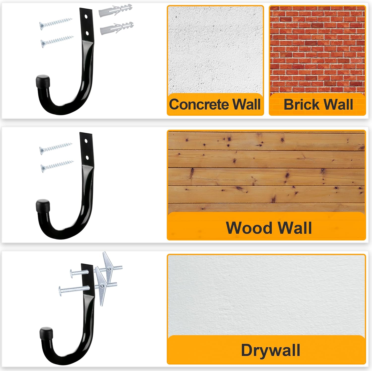 Black Heavy Duty Metal Garage Storage Hooks with Wall Anchors