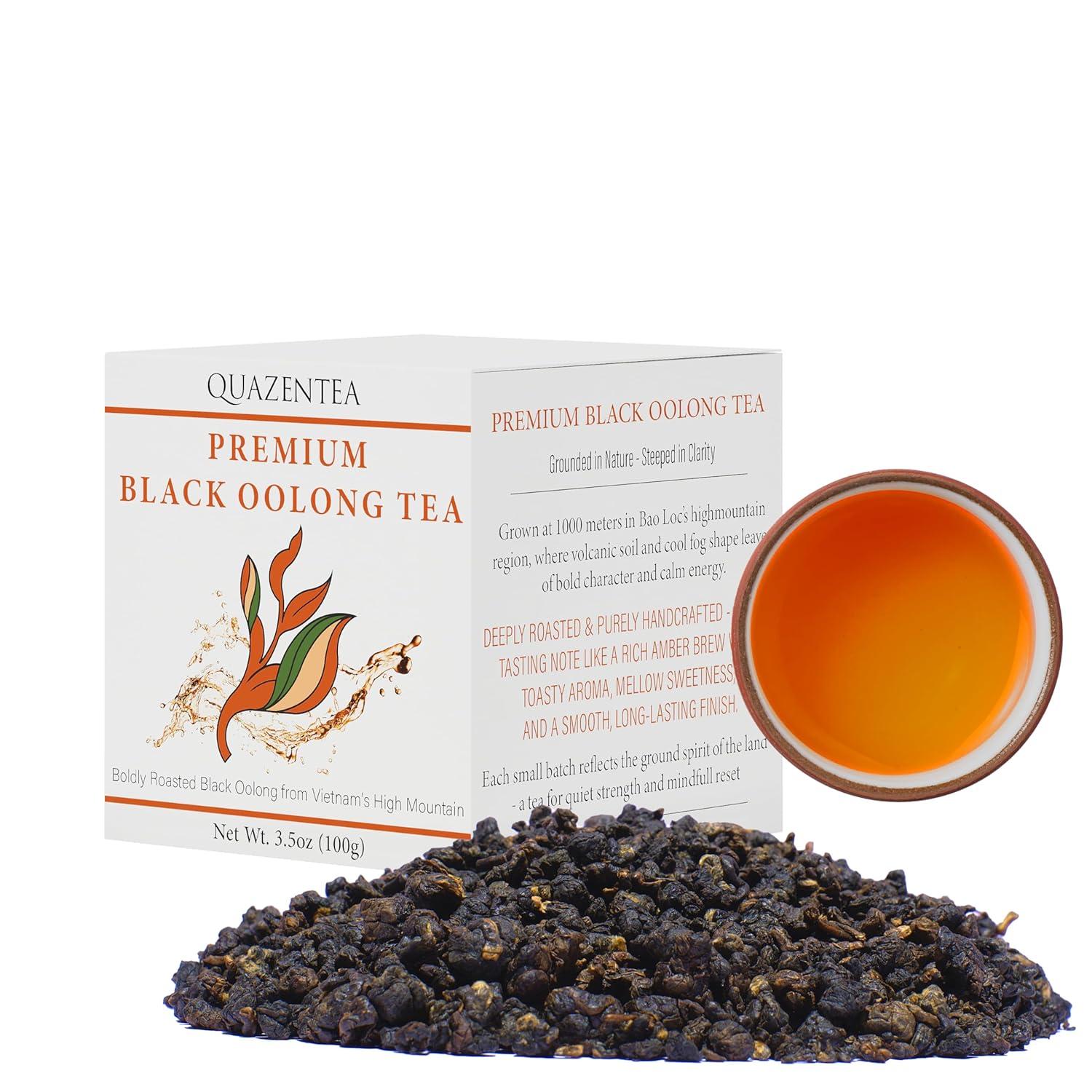 QuaZenTea Premium Black Oolong Tea Loose Leaf 3.5oz (100g) - Vietnamese High Mountain Tea, Boldly Roasted, Smooth & Toasty with Sweet Finish-Coffee Alternative, Perfect for Black Tea Lovers