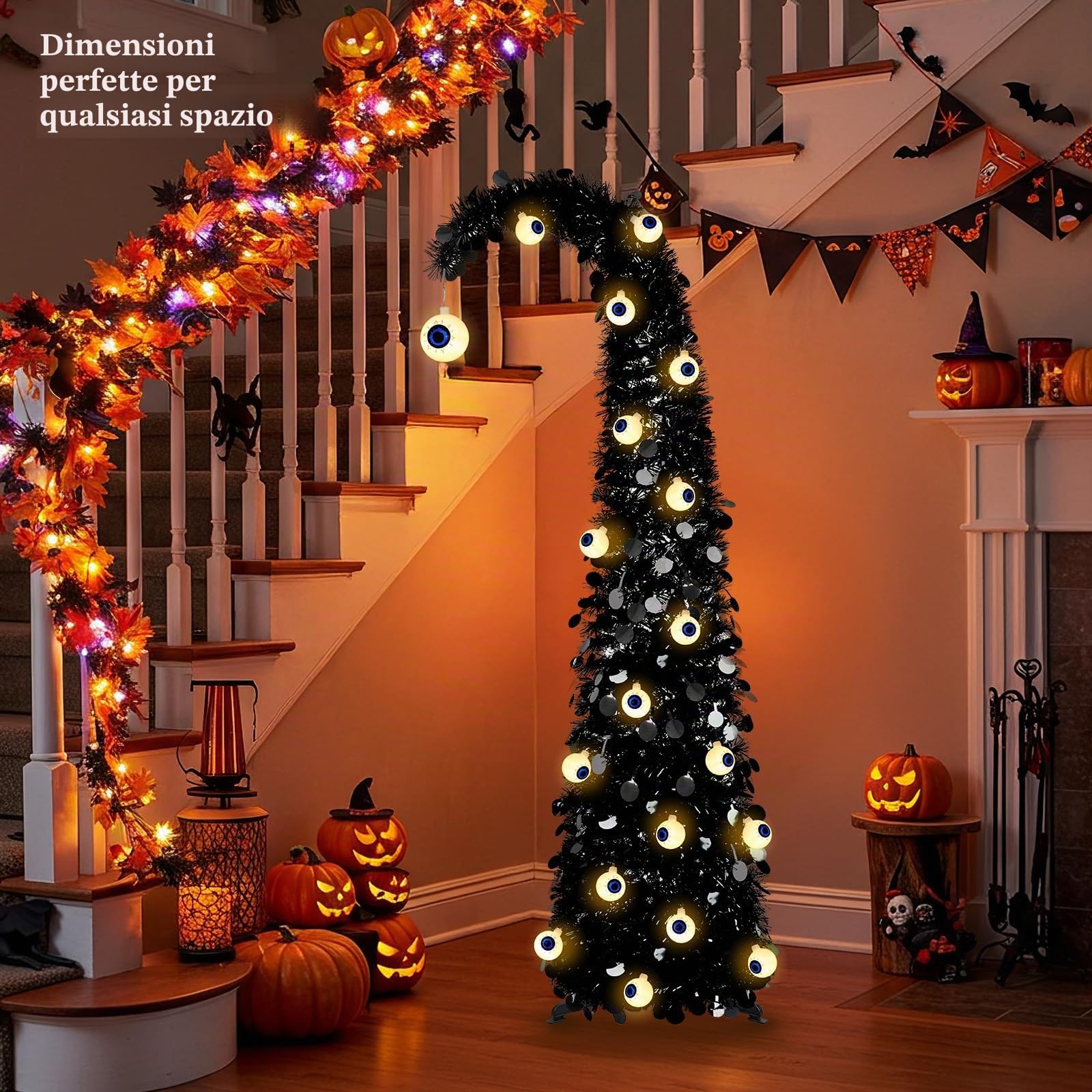 MACTING Albero di Natale stravagante con bulbo oculare, 1,5 m, nero, pop-up con 30 luci a bulbo oculare, albero curvo pieghevole per appartamento, portico, interno, esterno, decorazione natalizia