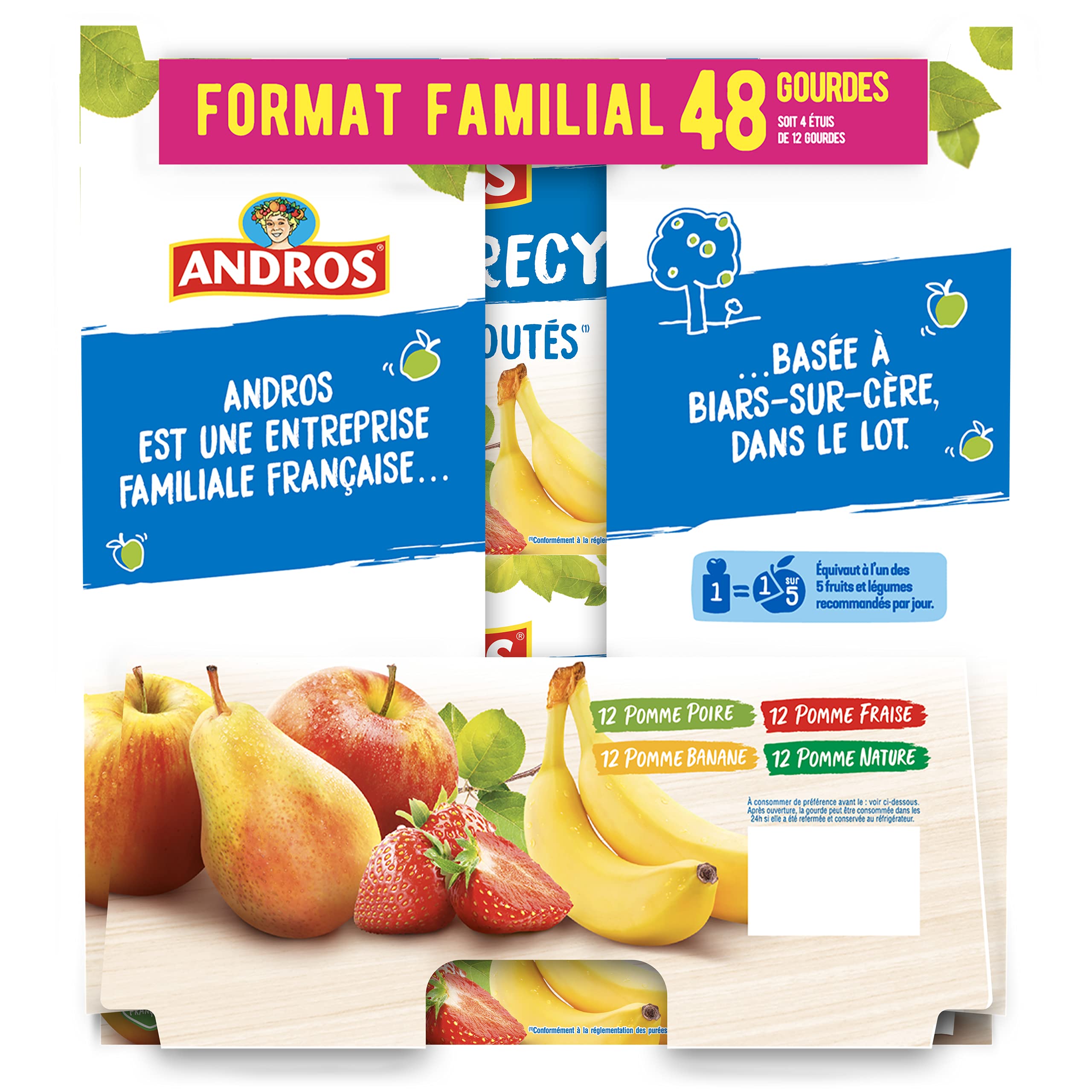 ANDROS - Compote de Fruit - Gourde Recyclable - Sans Sucre Ajouté - Goût Pomme + Pomme/Poire + Pomme/Fraise + Pomme/Banane - Idéal pour le Goûter des Enfants - Lot de 48