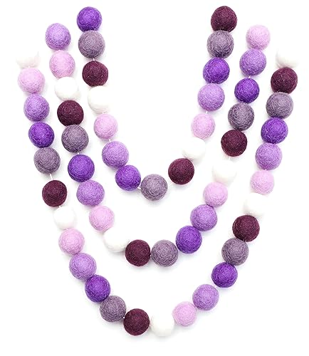 Felt Ball Garland 100% Wool (60 Poms, 10 Ft String Extra Long) Boho Pastel Purple Handmade Home Decor Mantel Banner Bunting Craft Mini Felt Factory