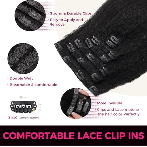 Miniatura 4 de Lashey Extensiones de cabello humano real con broches, 14 pulgadas, 7 unidades, 4.23 oz, #1B, extensiones de cabello humano Remy negro natural