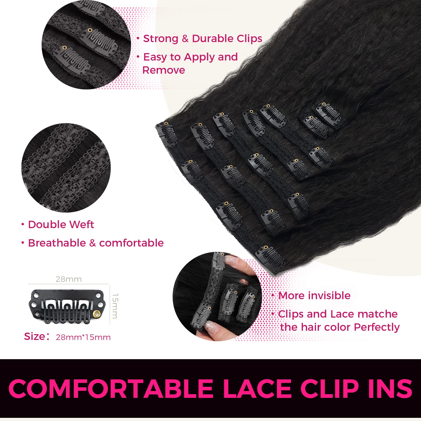Lashey Kinky Straight Clip in Hair Extensions for Women 20 Inch 7pcs 120g Natural Black Remy Human Hair Extensions Thick Hair with Lace Weft Clip Ins - Image 4