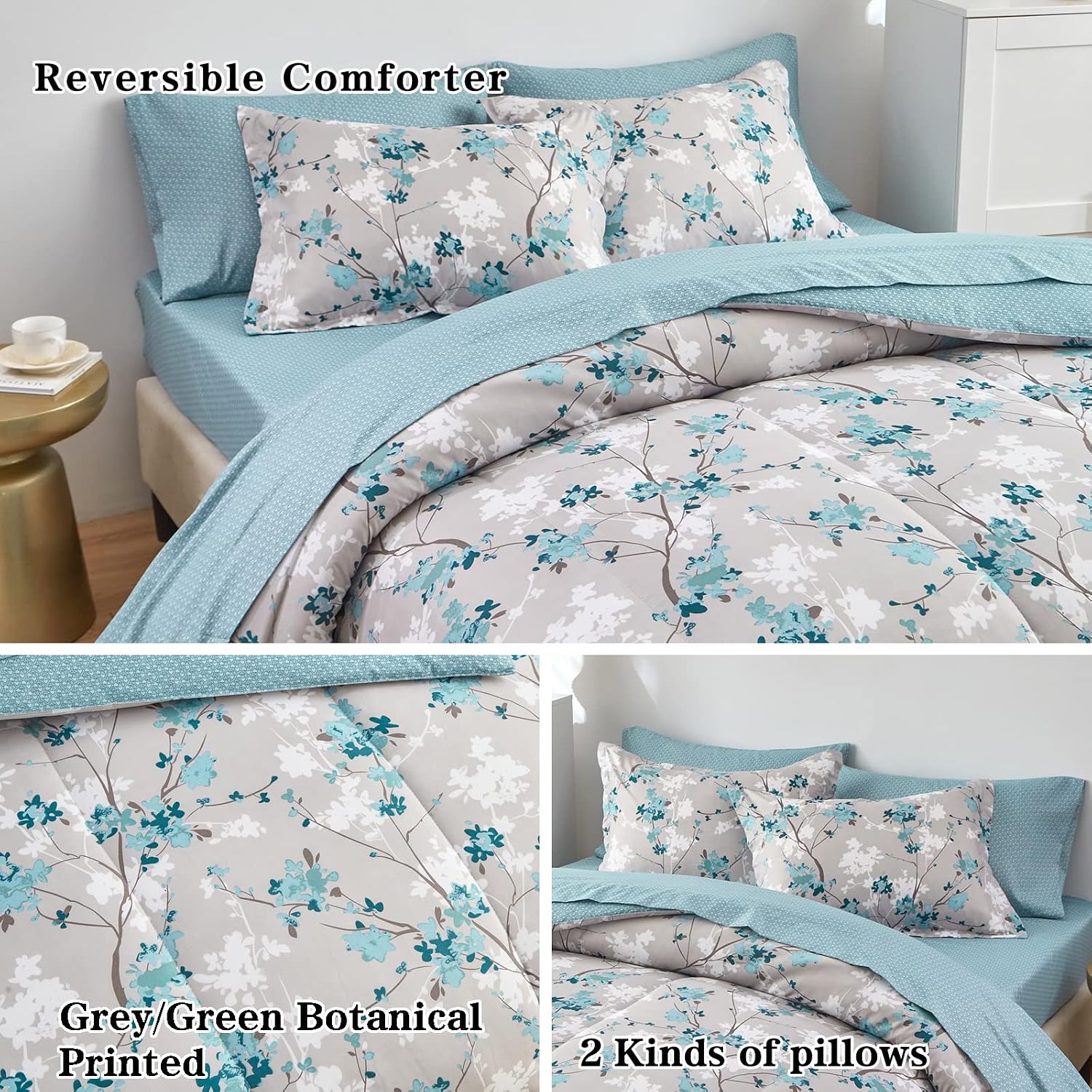 FlySheep Gray Botanical Bed in a Bag Twin Size 6 Pieces, Aqua Grey Leaves Elegant Floral Comforter Bedding Set All Season(1 Comforter, 1 Flat Sheet, 1 Fitted Sheet, 2 Pillow Shams and 1 Pillowcase)