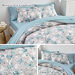 Flysheep Gray Botanical Bed in a Bag Queen Size 7 Pieces, Aqua Grey Leaves Elegant Floral Comforter Bedding Set All Season(1 Comforter, 1 Flat Sheet, 1 Fitted Sheet, 2 Pillow Shams and 2 Pillowcases)