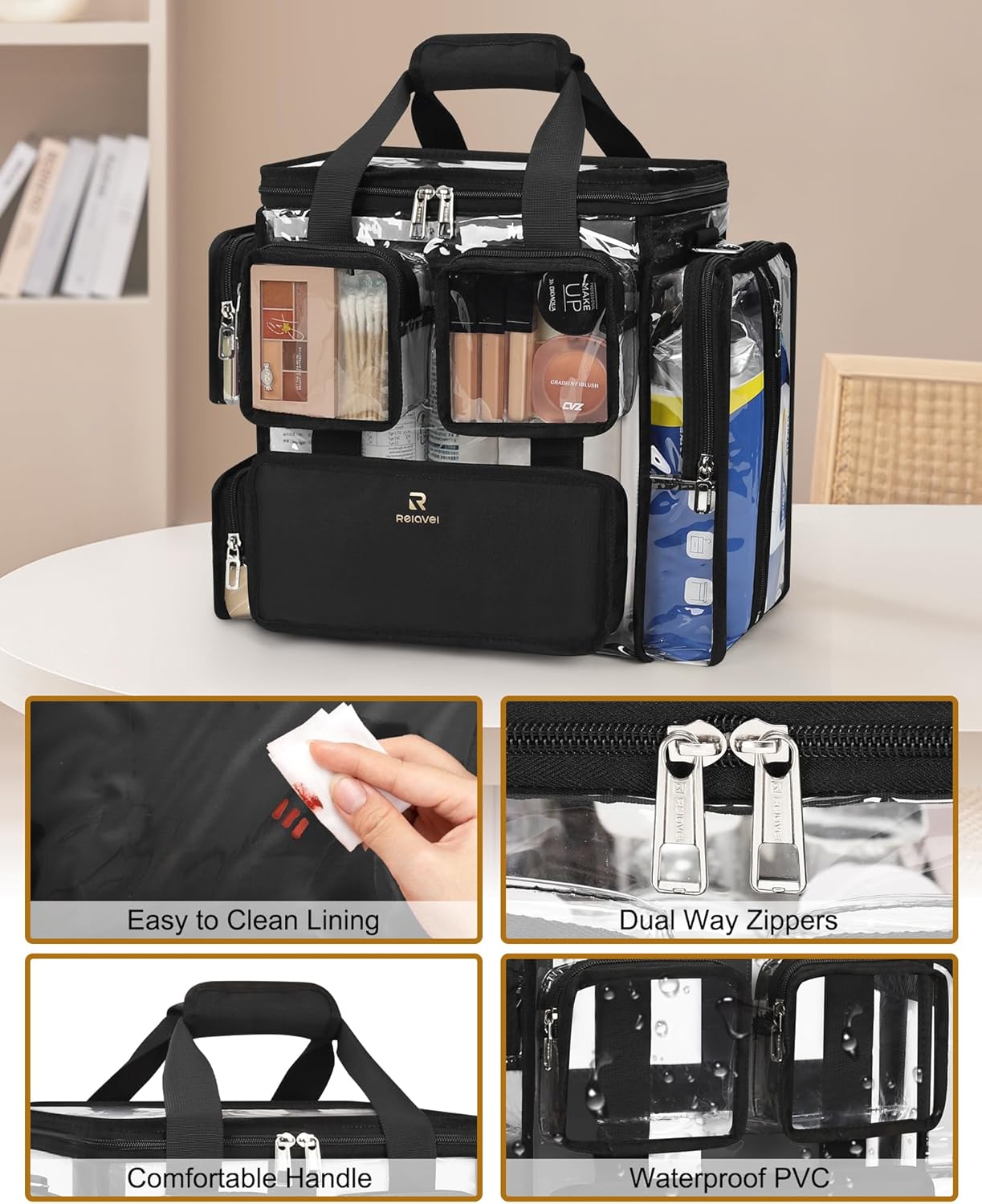 Relavel Large Clear Makeup Bags, Professional Makeup Artist Kit Set Bag with Removable Dividers, Travel Cosmetic Organizer Hairstylist Traveling Bag Transparent PVC Work Tote Bag Duffle Bag for Women