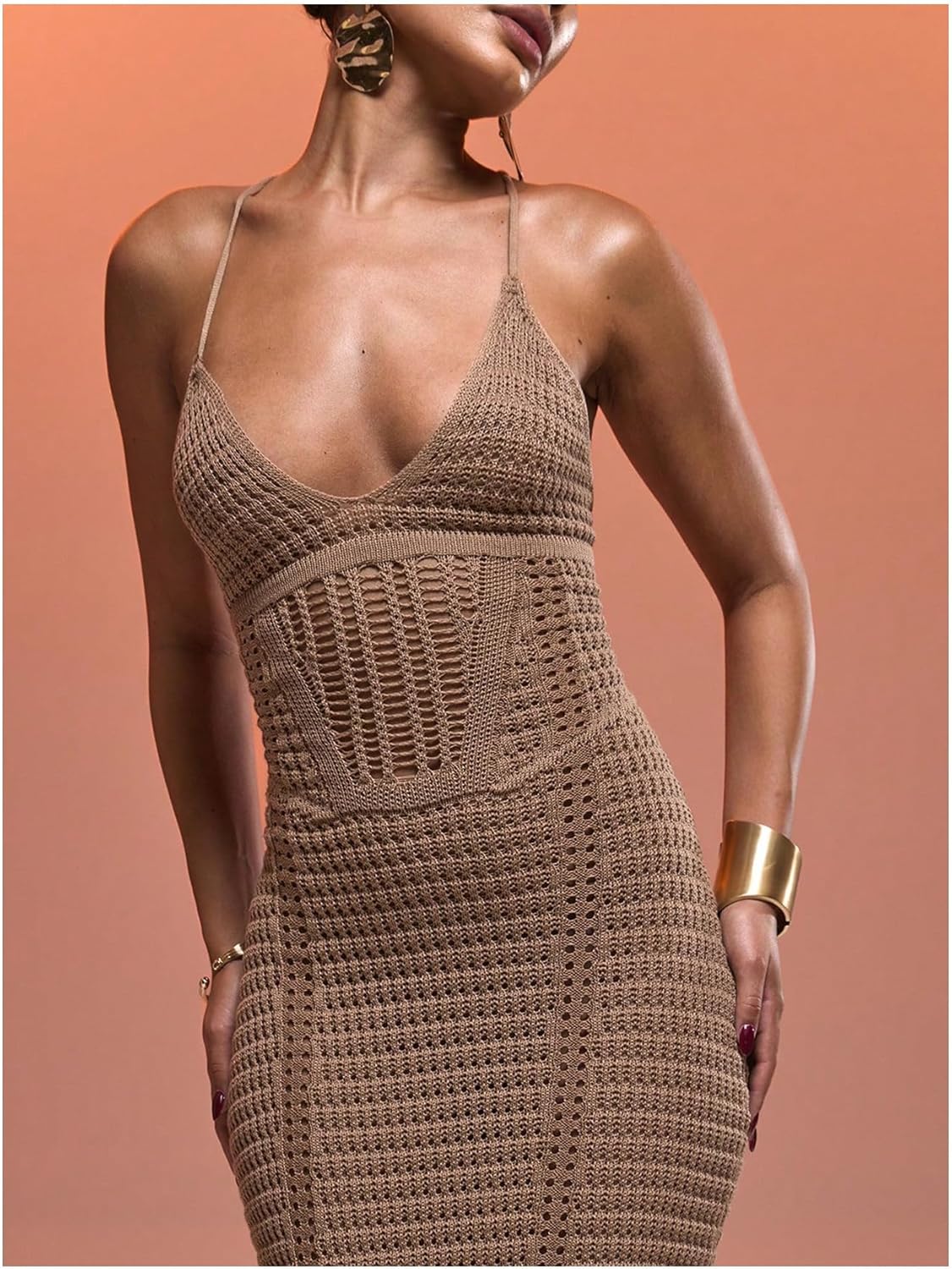 GORGLITTER Women's Crochet Knit Maxi Dress Lace Up Bodycon Beach Cover up Dresses - Image 4