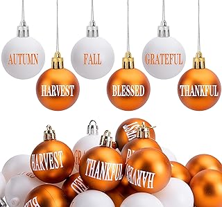 24 Pcs Fall Thanksgiving Day Hanging Ball Ornaments- 1.6" Fall Harvest Ball Hanging Decorations- Orange White Thankful Fall Ball Tree Ornaments for Autumn Thanksgiving Home Tree Decor