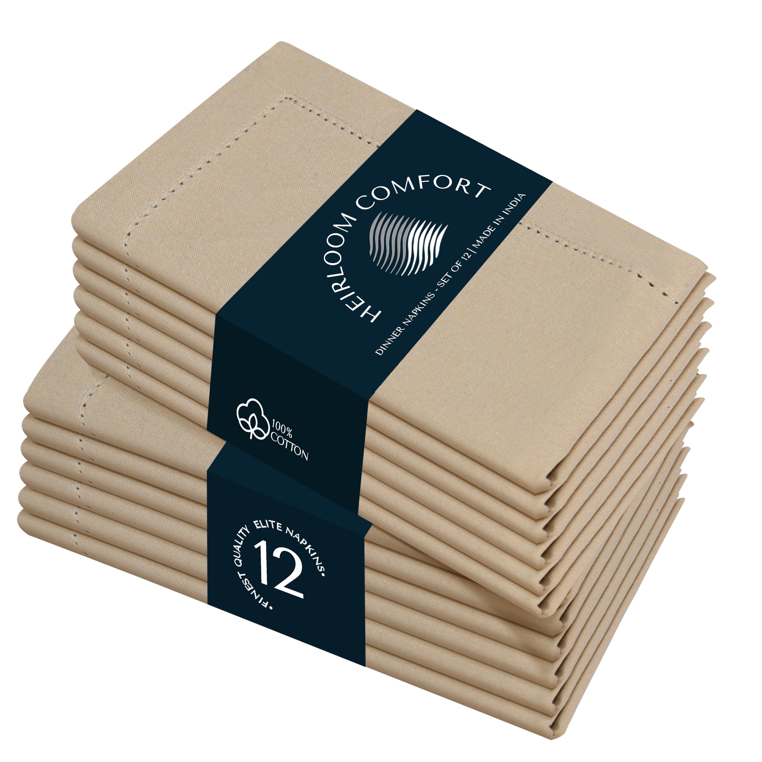HEIRLOOM COMFORT Beige Cloth Napkins 45x45 cm, Set of 12, Soft, Durable, Absorbent, Reusable, Washable