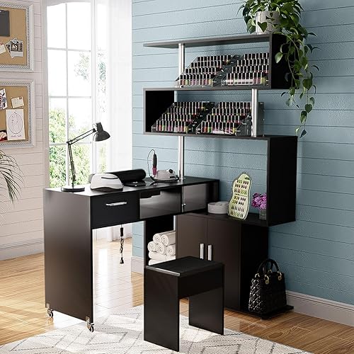 Manicure Table Nail Desk with Stool, Rotating L-Shaped Nail Tech Desk with Dust Collector, Two-Way Drawer, Cabinet & Storage Shelves, Reversible Manicure Workstation on Wheels (Black)
