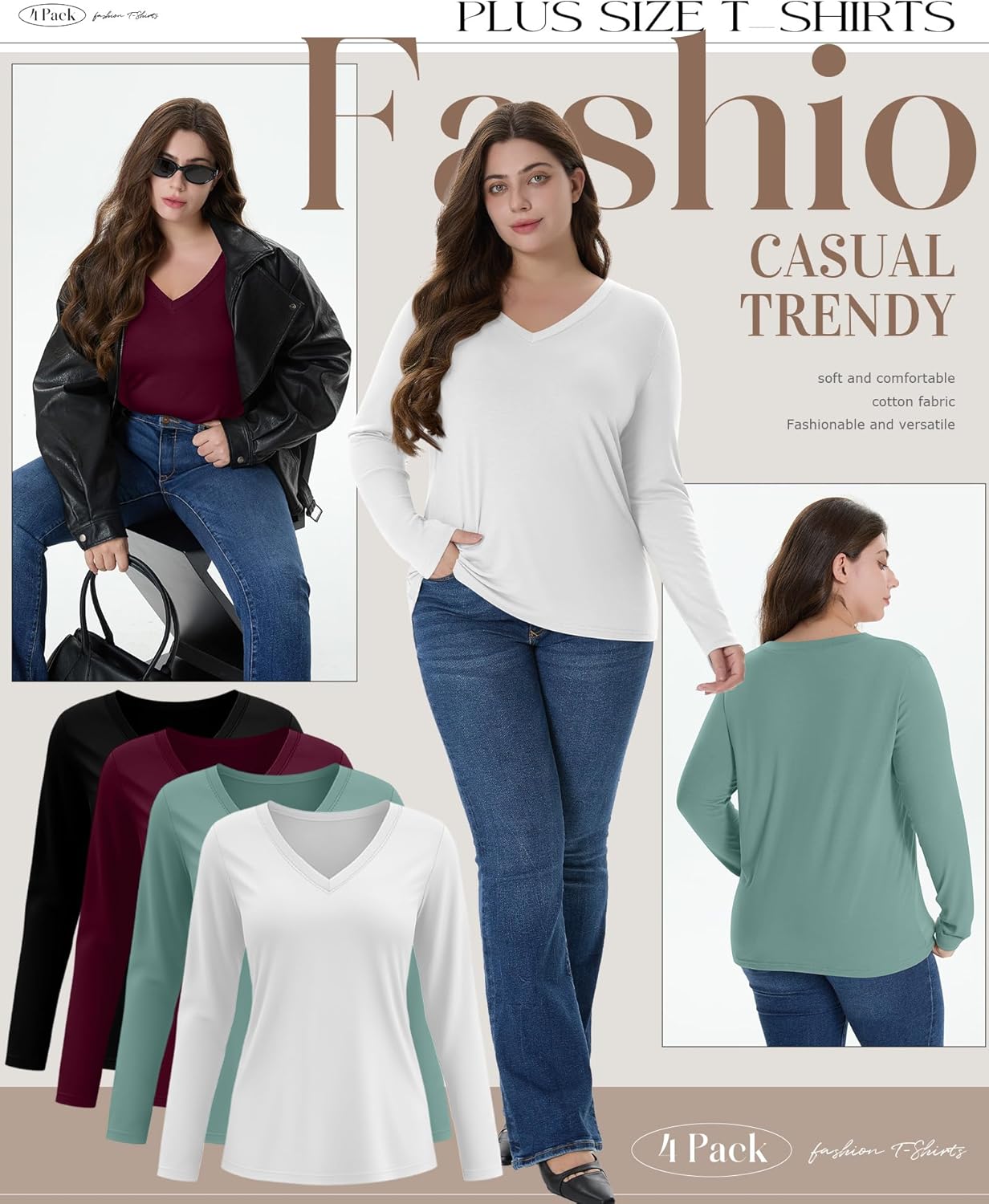 4 Pack Women's Plus Size Shirts, Long Sleeve V Neck Basic Tops Casual Loose Fit T Shirts Blouses Multipack - Image 3
