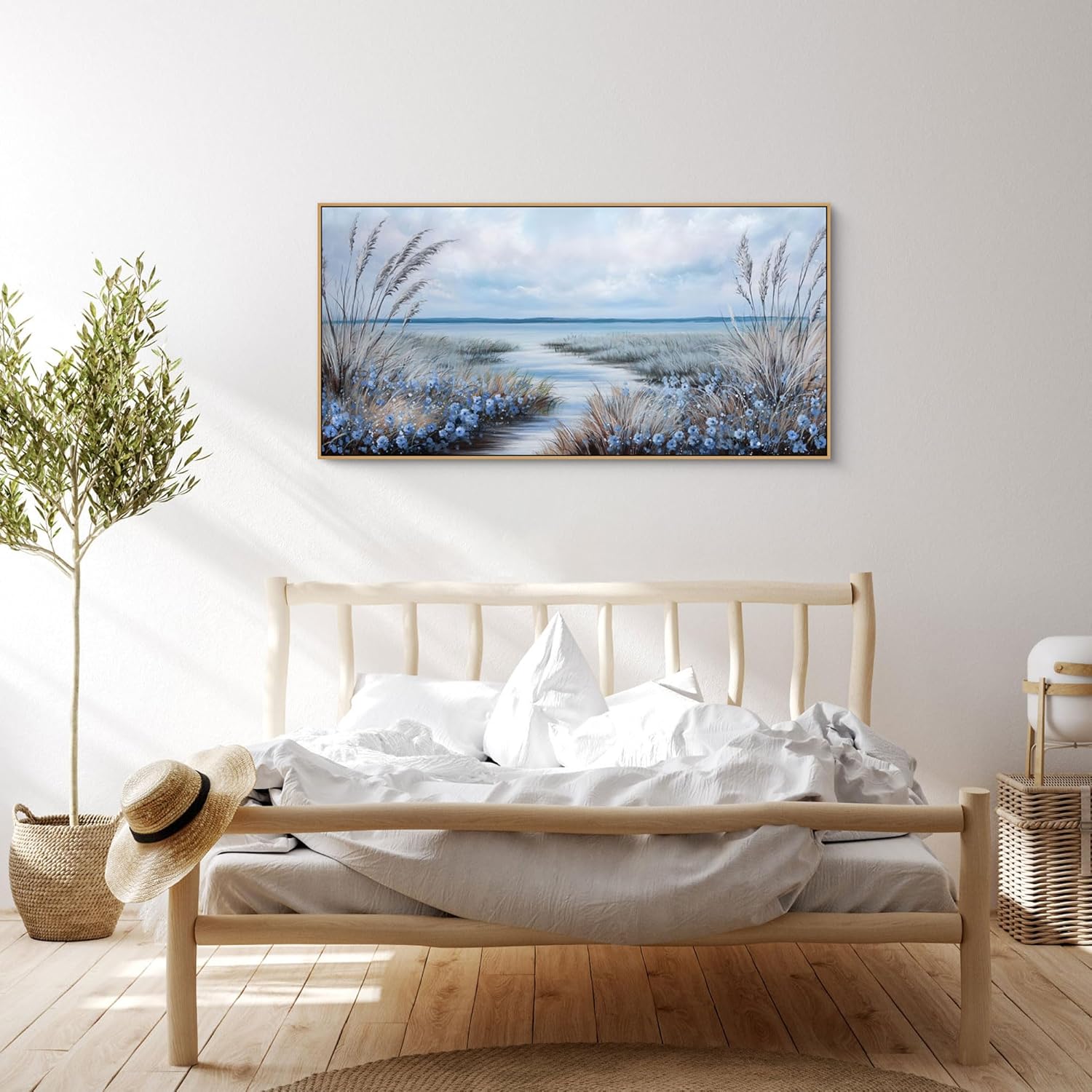 KLAKLA Beach Wall Art - Blue Large Canvas Art Living Room Wall Decor Sea Wave Picture Artwork Modern Bedroom Office Home Decor - 48x24 Inches