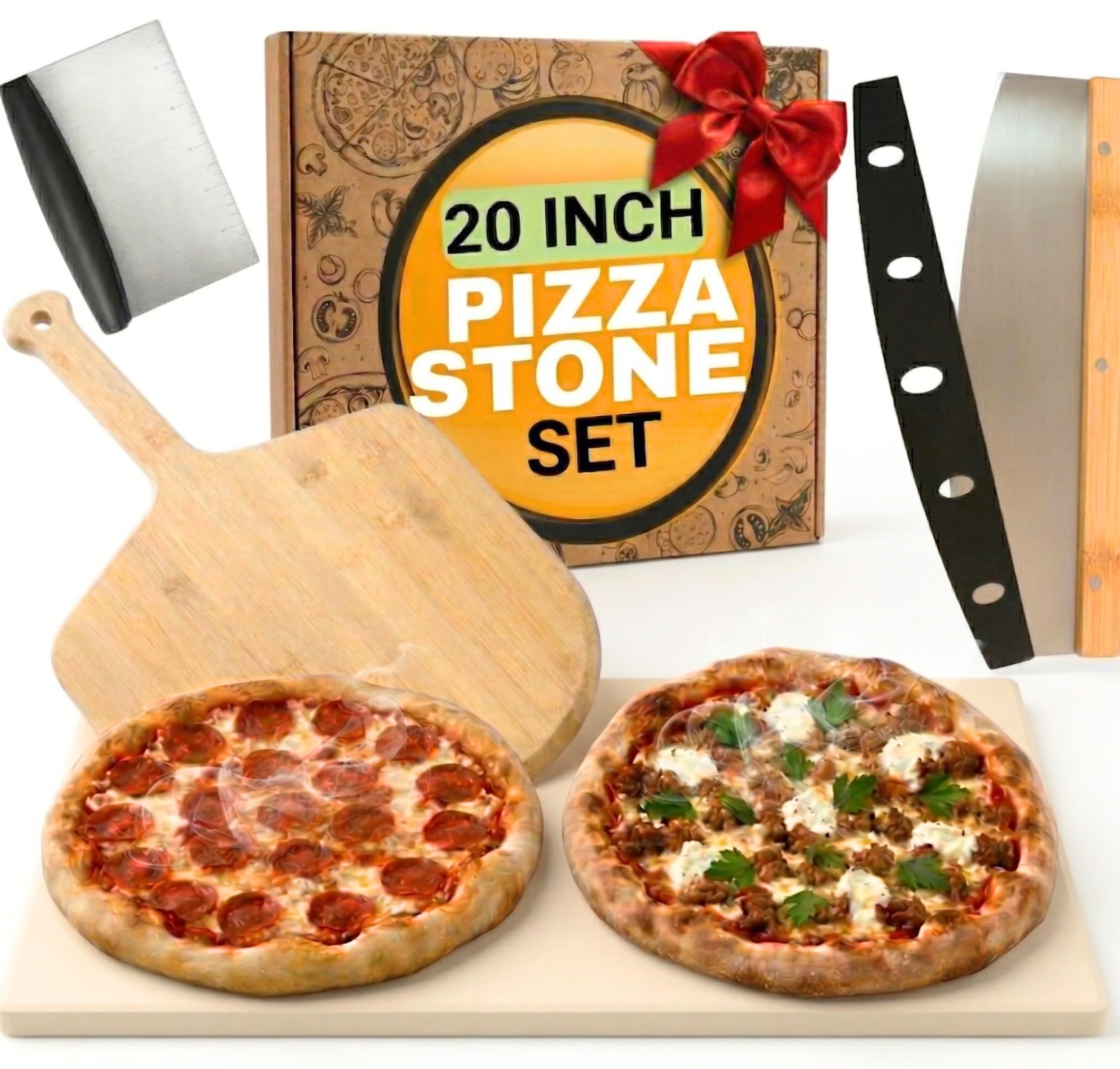 Large Pizza Stone for Oven and Grill 20 Inch - Cordierite Pizza Stones with Wooden Pizza Peel, Dough Tool &amp; Pizza Cutter Set - Makes Crispy Homemade Pizza &amp; Bread - 20" x 13.5" Baking Stone