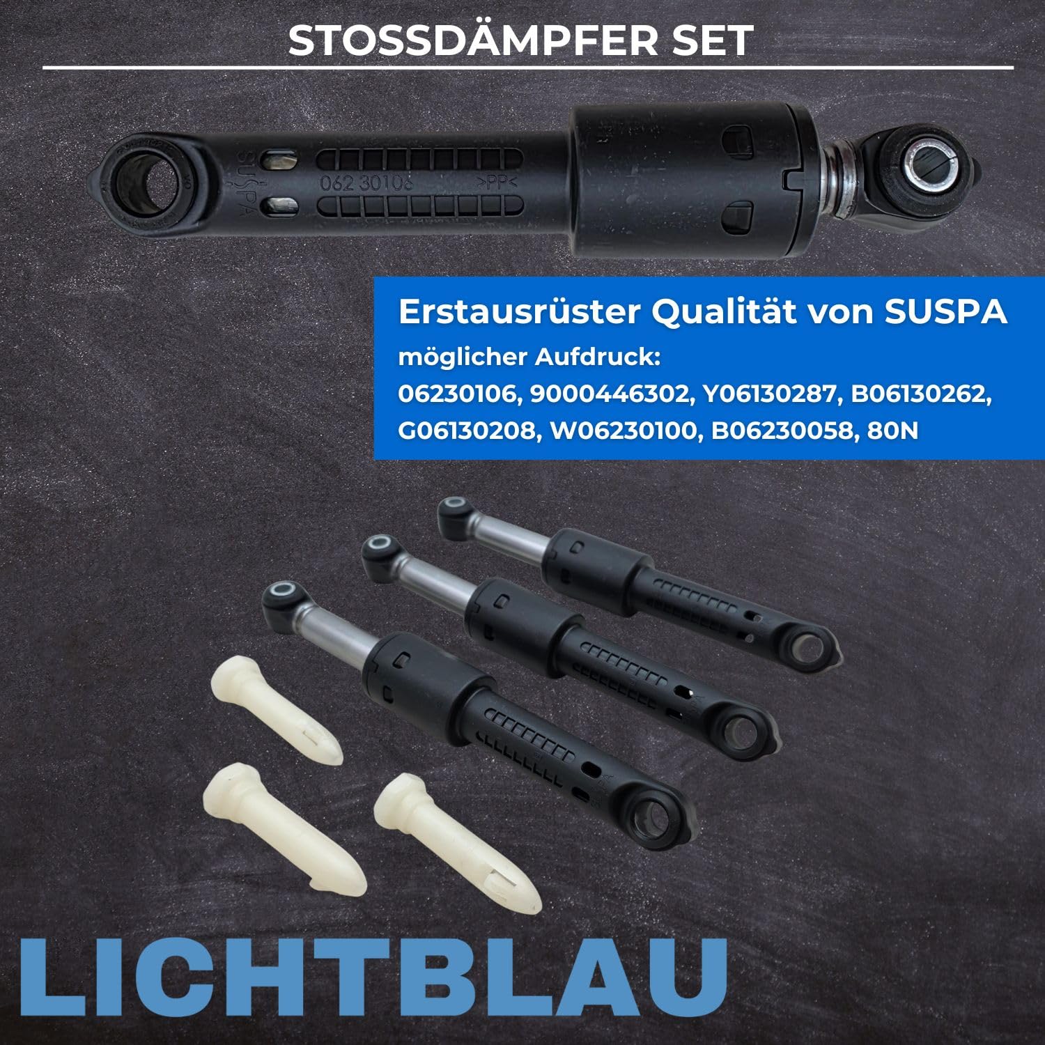LICHTBLAU 3er Set SUSPA Stoßdämpfer 11051551 00742719 Bosch Waschmaschine | Vibrationsdämpfer 80N mit 8/14mm Bohrung Waschmaschinendämpfer