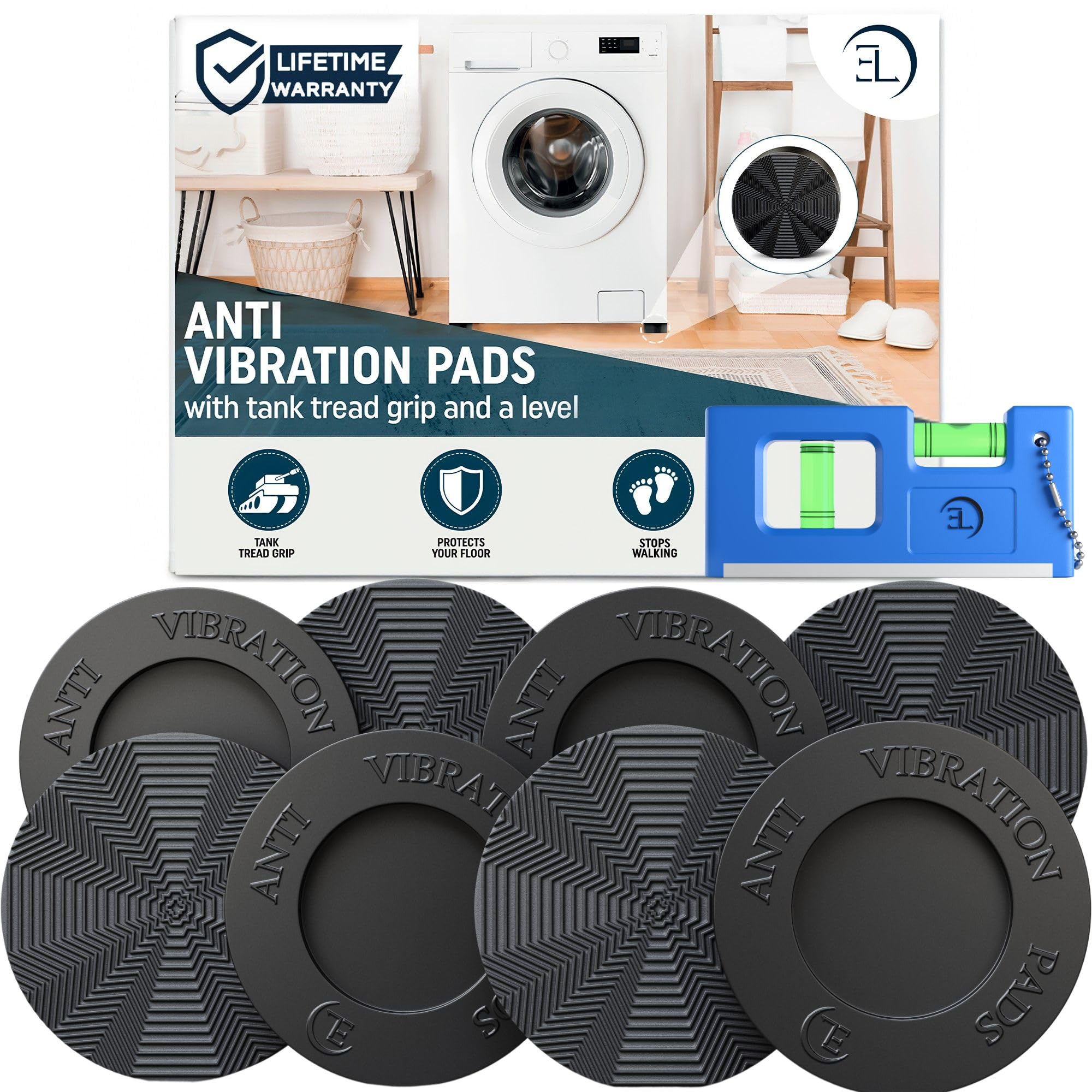 Almohadillas antivibración para lavadora, paquete de 2, 8 almohadillas con agarre de banda de rodadura de tanque + nivel, pedestales para lavadora y secadora, se adapta a todas las máquinas,