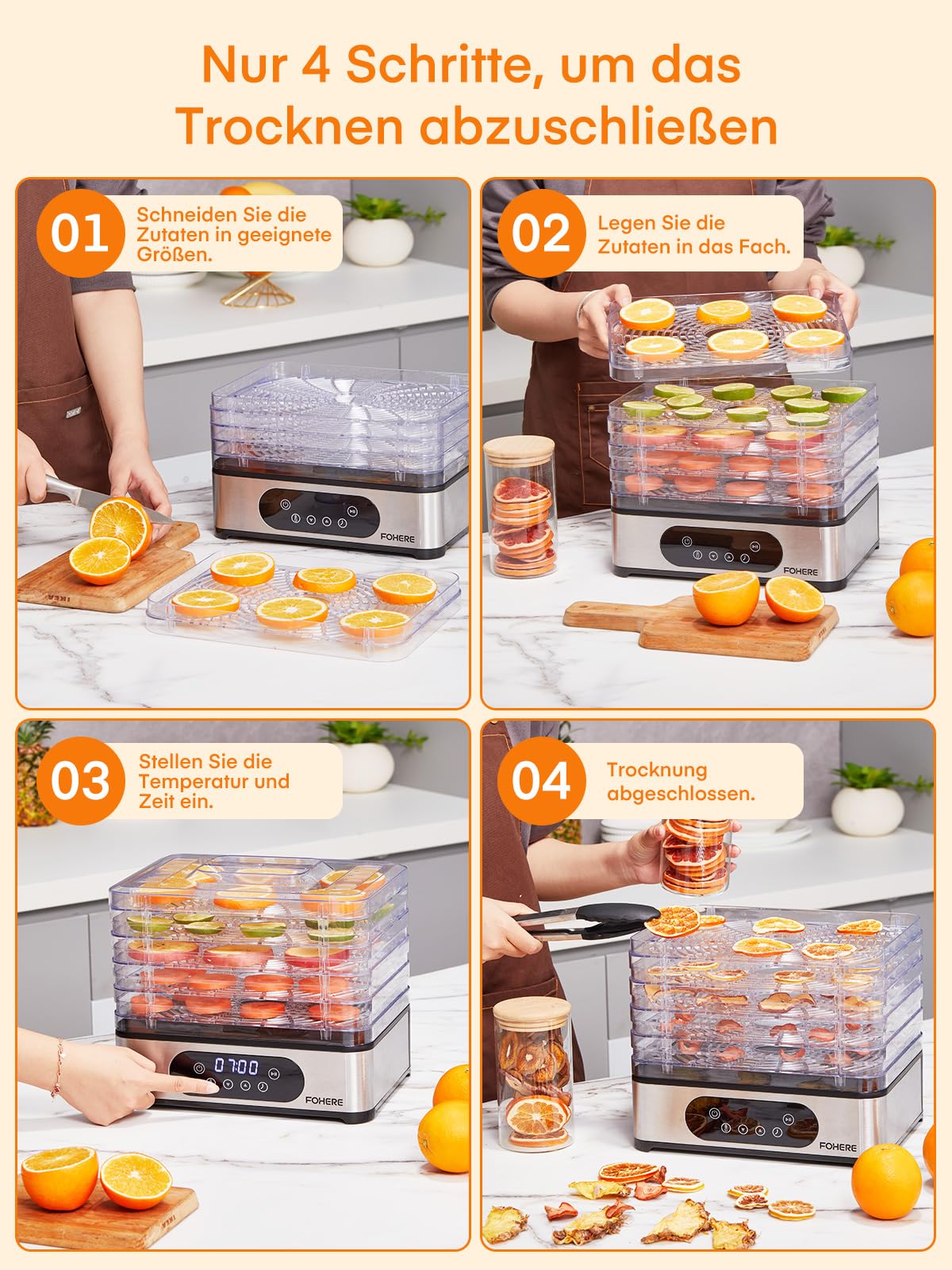 FOHERE Dörrautomat Edelstahl, Dörrgerät mit 5 höhenverstellbaren Tabletts, LED-Anzeige, 420W, 35-70°C, 48h-Timer, für Lebensmittel, Pilze, Früchte, Fleisch, Fisch, Gemüse, BPA frei