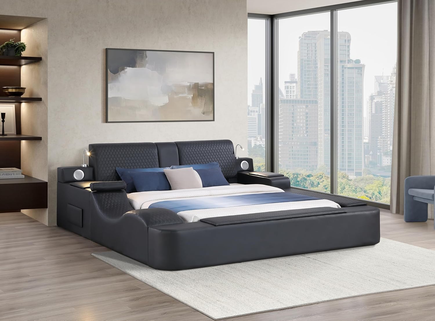 Queen Size Smart Bed, Multifunctional Leather Bed Frame with Massage Recliner/Upholstered Headboard/Music Speaker/USB Port/Storage Space, Modern Luxury Bed Frame(Black)